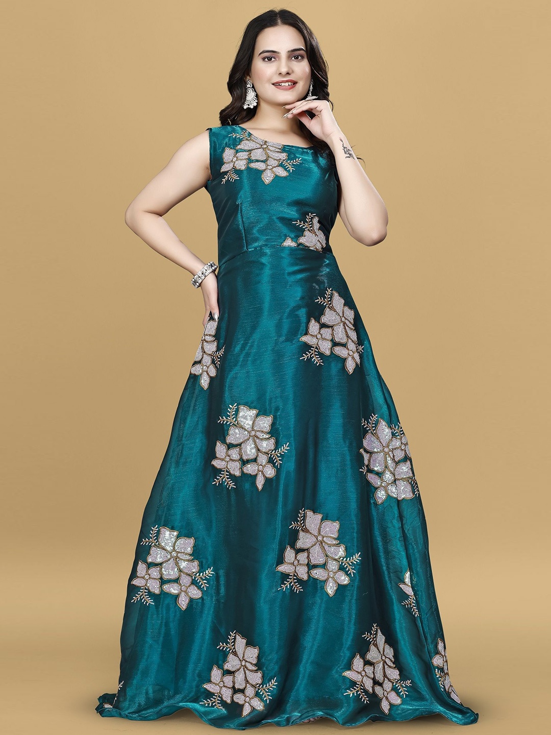 

Aika Women Floral Embroidered Sequined Gown Dress, Teal