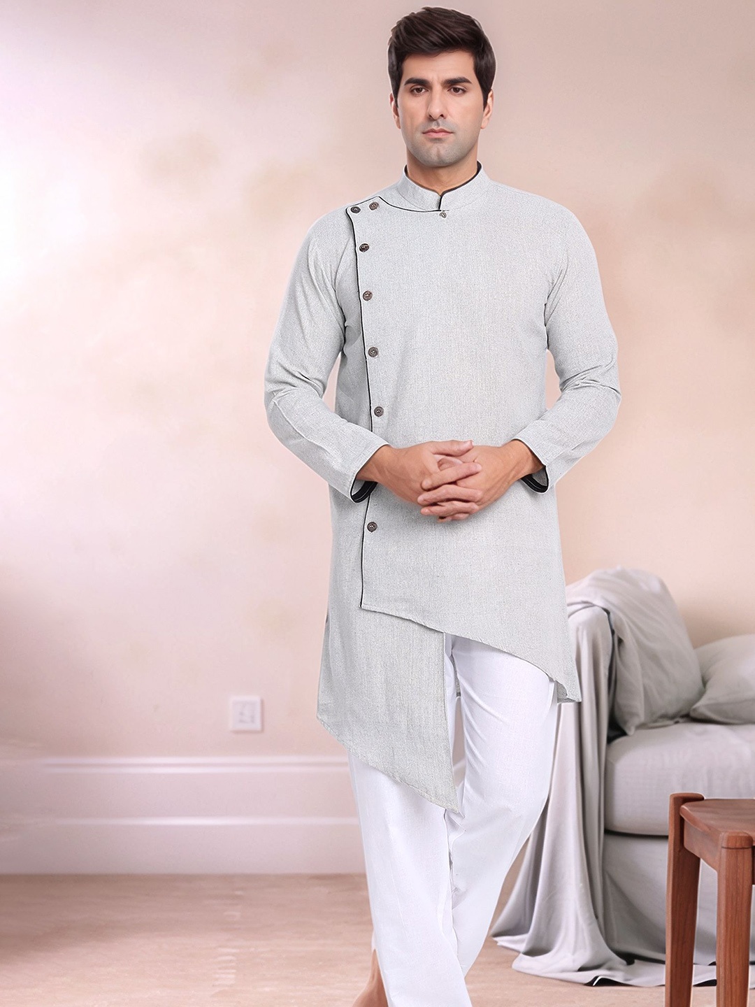 

Moda Rapido Men Angrakha Pure Cotton Kurta with Pyjamas, Grey