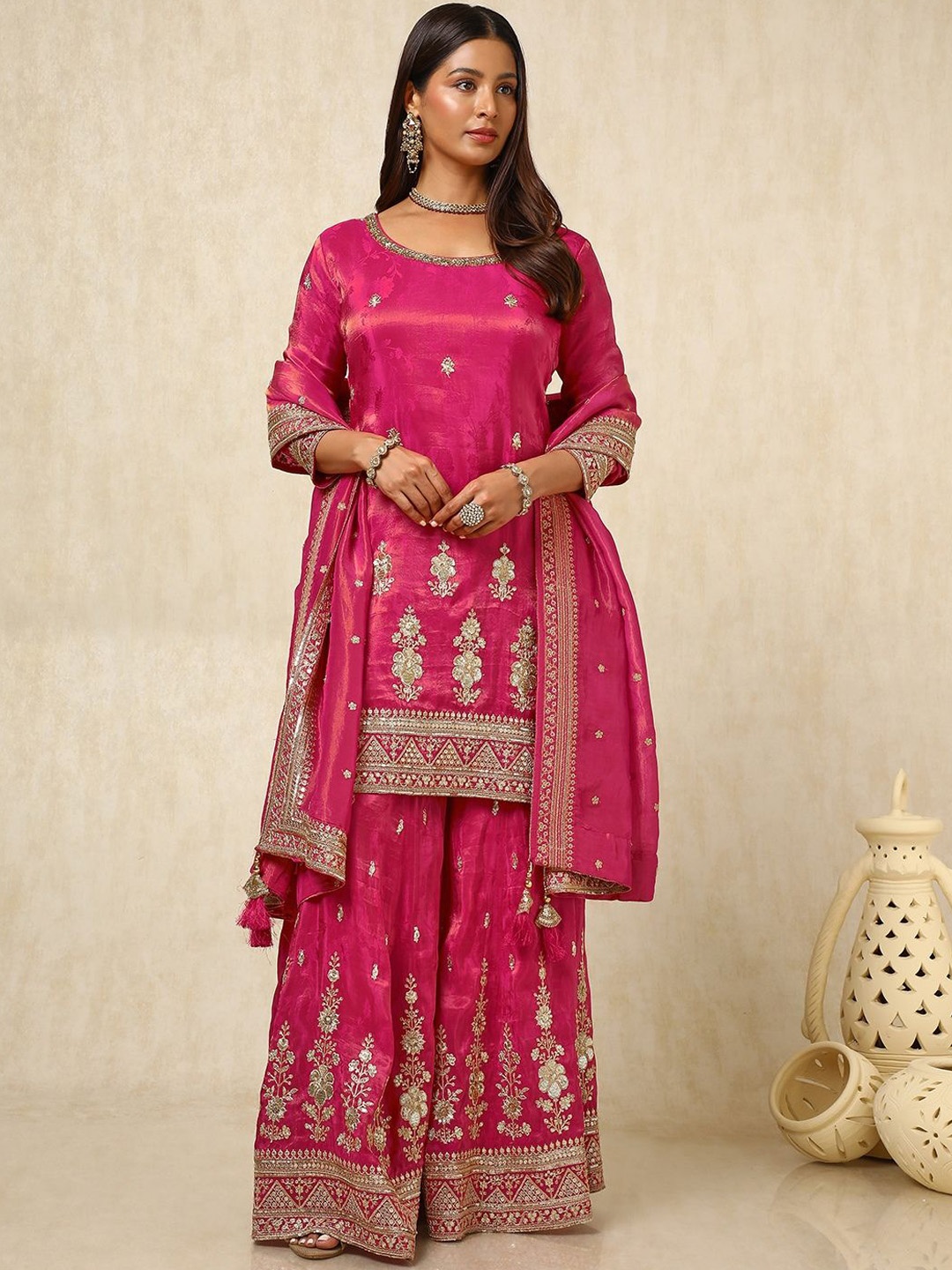 

Soch Women Ethnic Motifs Embroidered Regular Sequinned Kurta with Palazzos & With Dupatta, Fuchsia