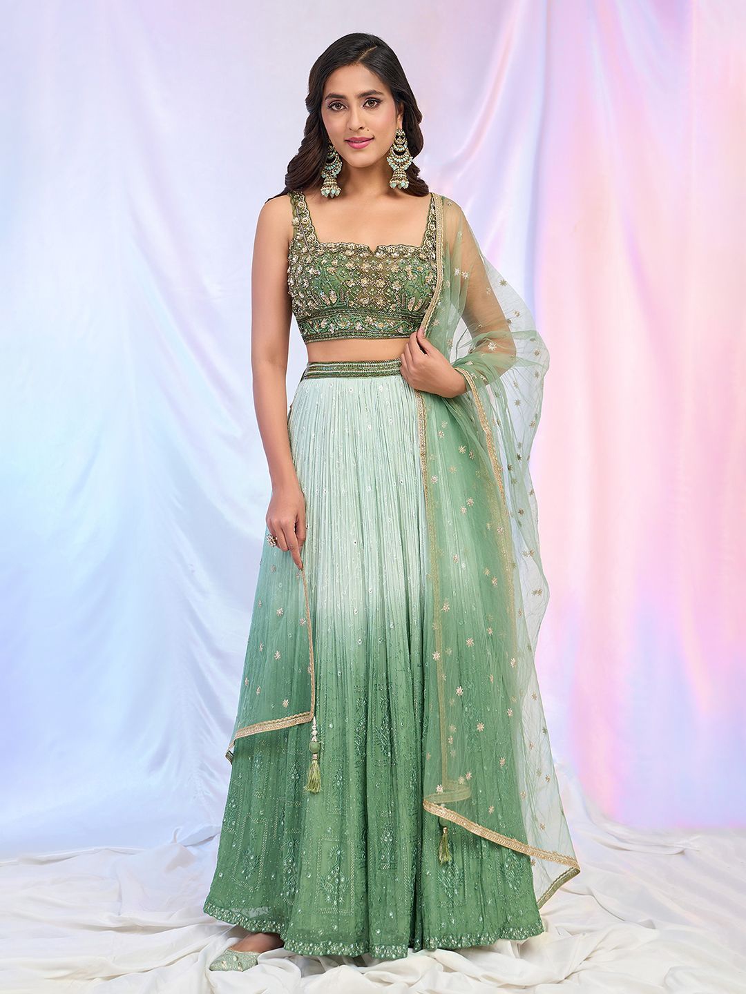 

Alaya Advani Embroidered Beads and Stones Ready to Wear Lehenga & Blouse With Dupatta, Green