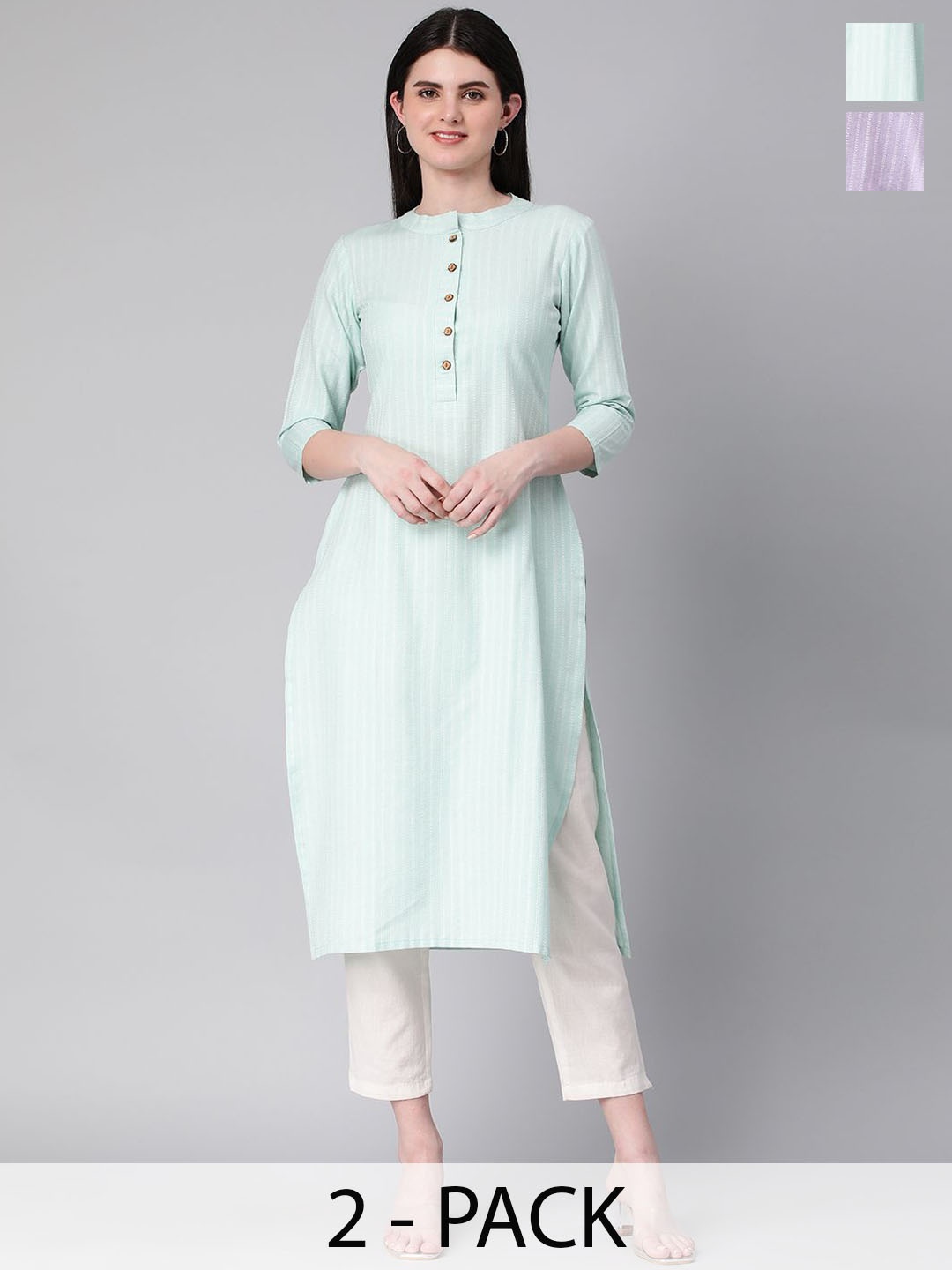 

KALINI Selection Of 2 Floral Printed Mandarin Collar Straight Kurtas, Green