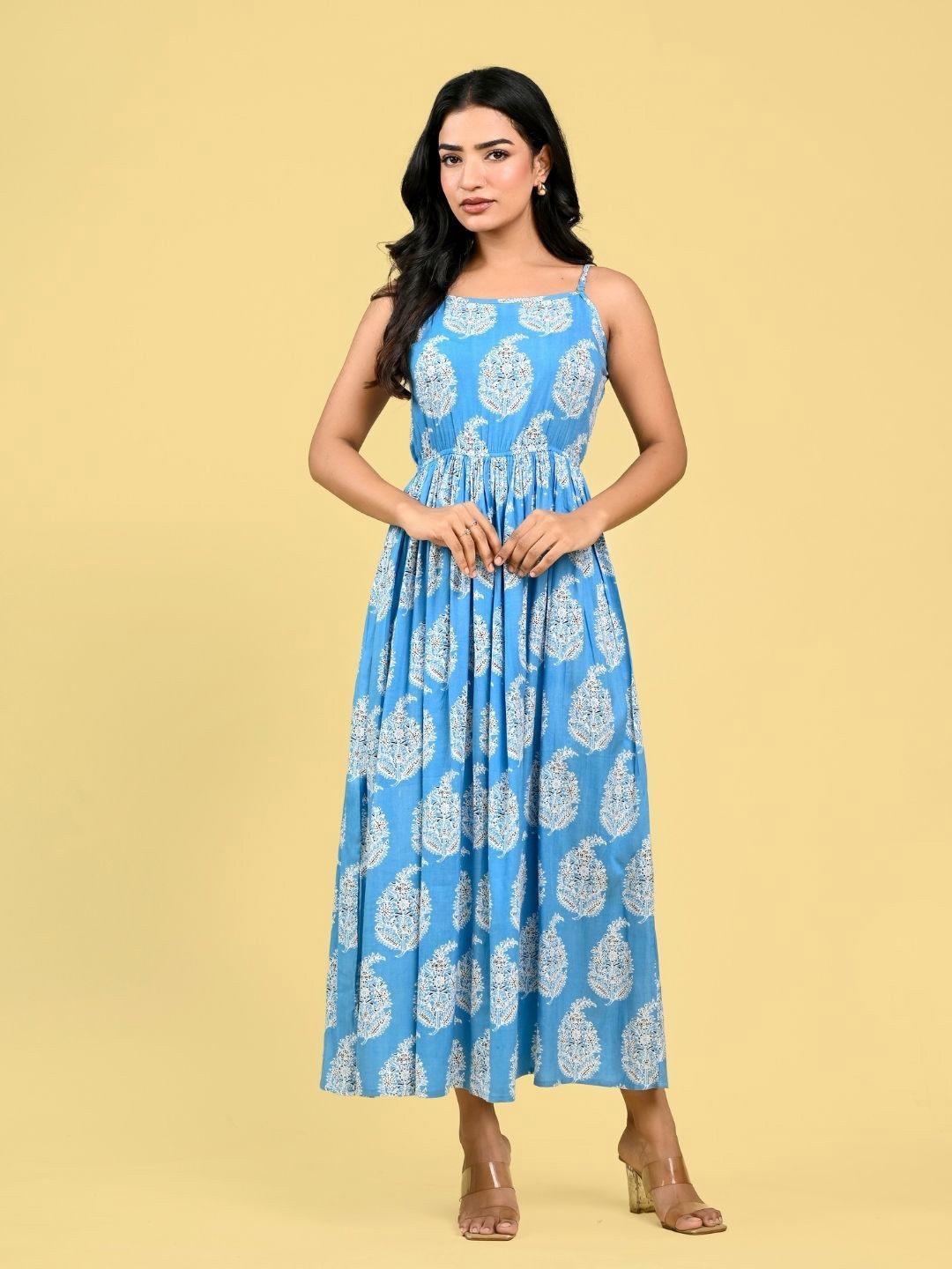

RAAKA Shoulder Straps Floral Printed Fit & Flare Maxi Dress, Blue