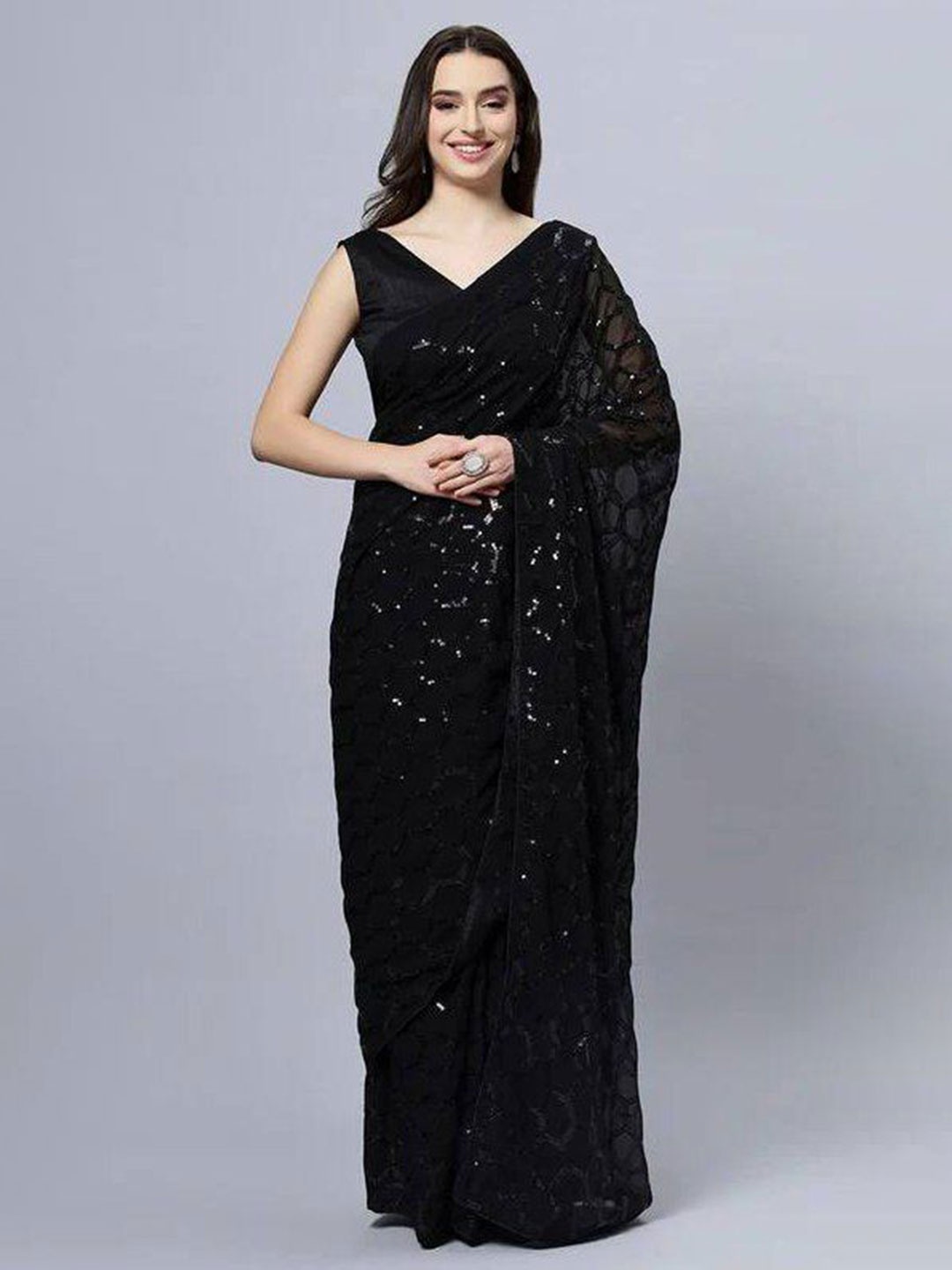 

HERE&NOW Embellished Sequinned Pure Georgette Saree, Black