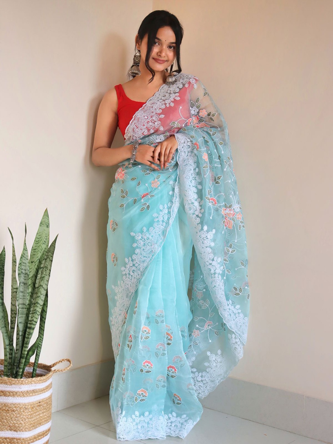 

Organza Mall Floral Embroidered Organza Heavy Work Saree, Blue