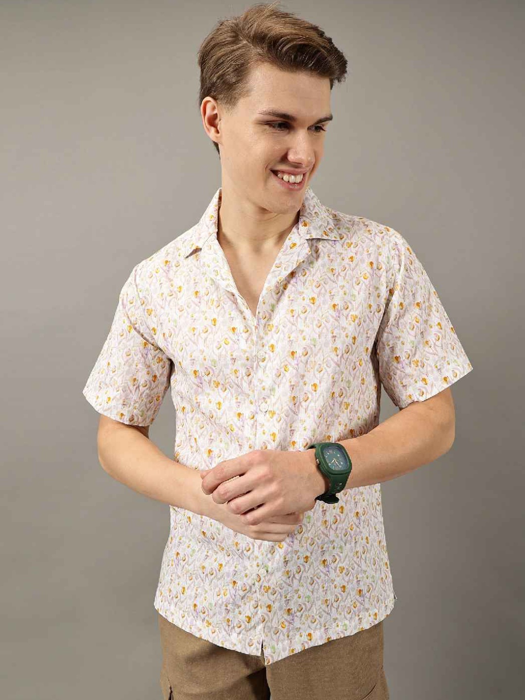 

Jilmil Men Classic Floral Opaque Printed Casual Shirt, Off white