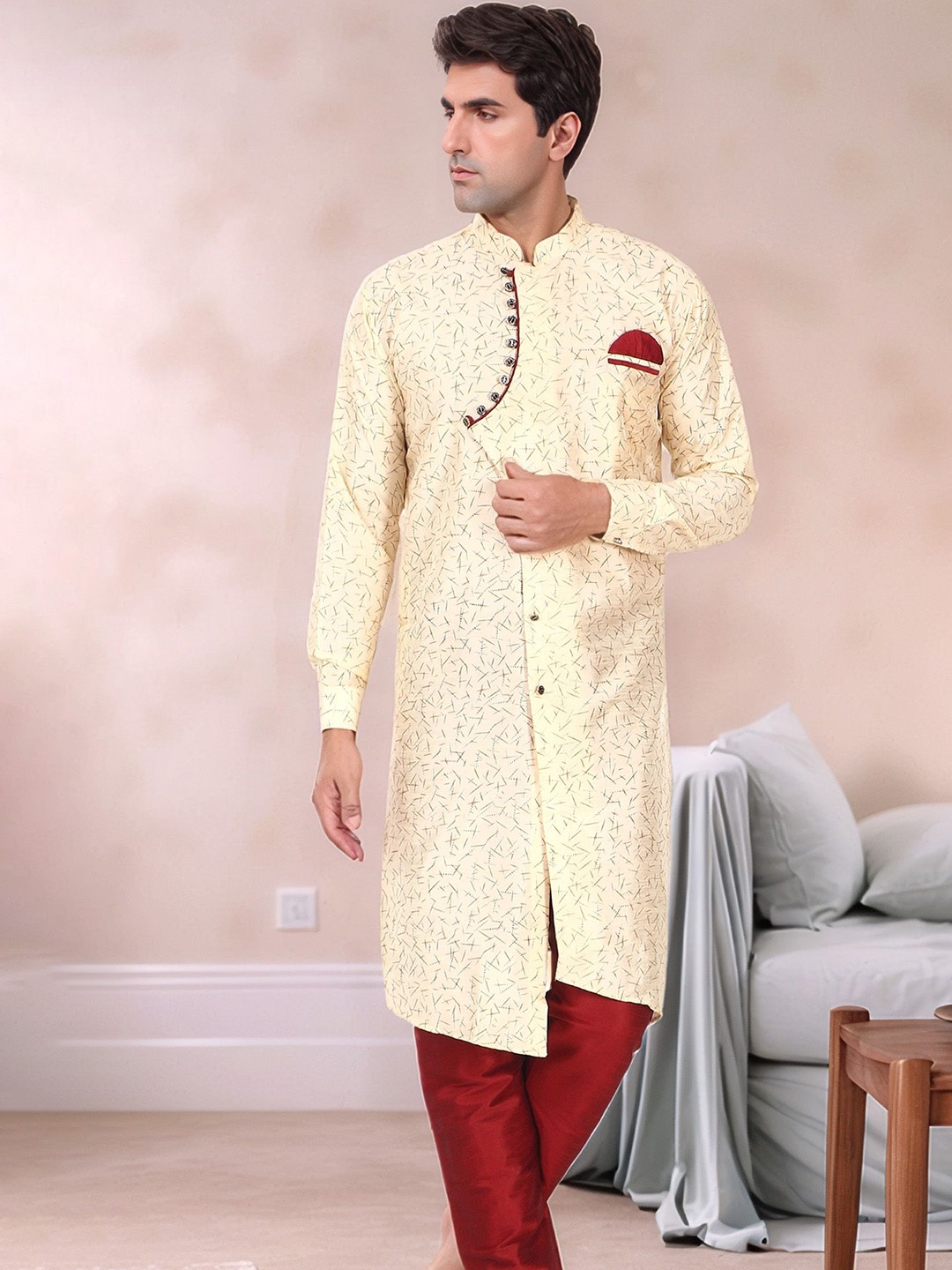 

Moda Rapido Men Ethnic Motifs Printed Regular Kurta with Churidar, Beige