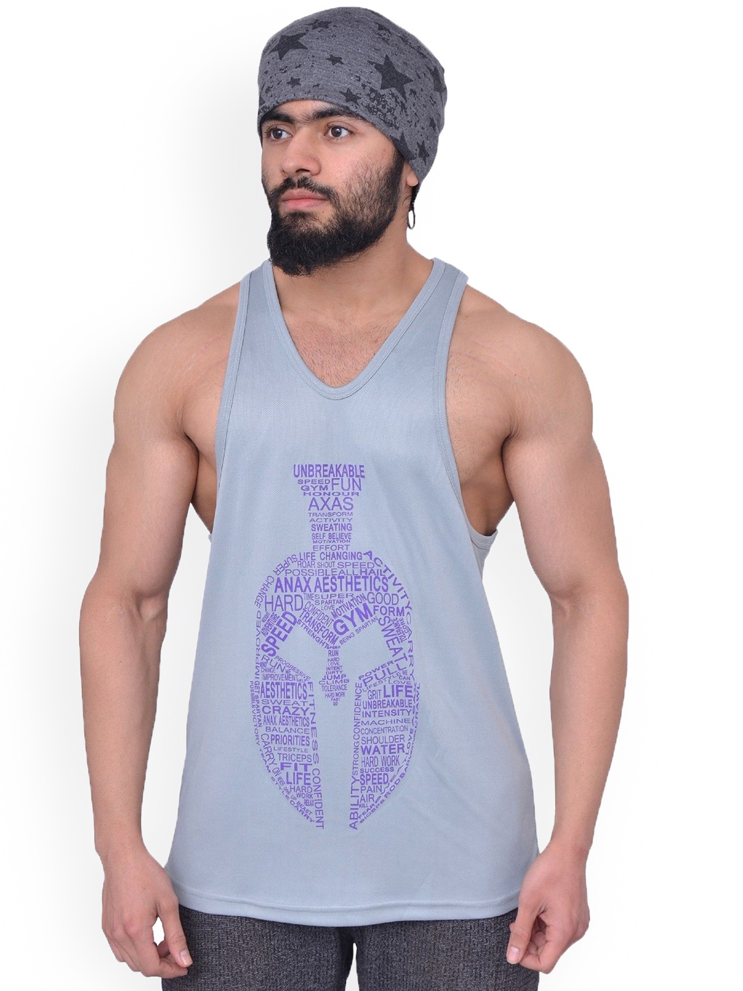 

Anax Aesthetics Men Polyester Dri-Fit Printed Sleeveless Sando Gym Vest Stringer Tank Top, Grey