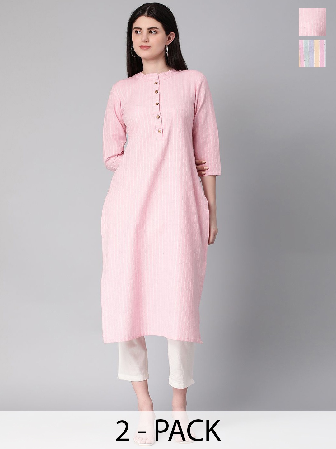 

KALINI Selection Of 2 Striped Round Neck Straight Kurtas, Pink