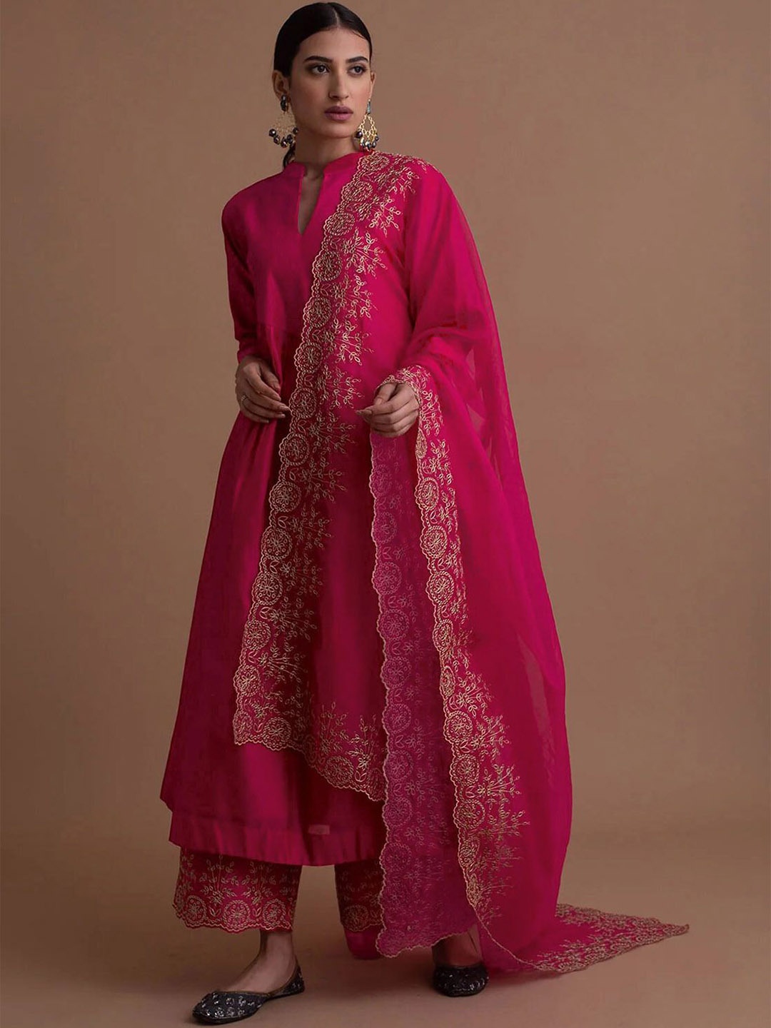 

BAESD Cotton Silk Mandarin Collar Anarkali Kurta, Pink