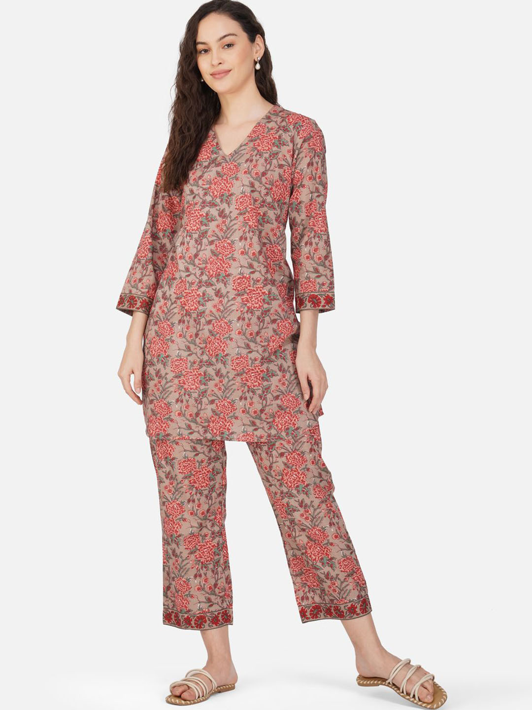 

KAHVA Printed Pure Cotton Tunic With Trouser Co-Ords, Pink