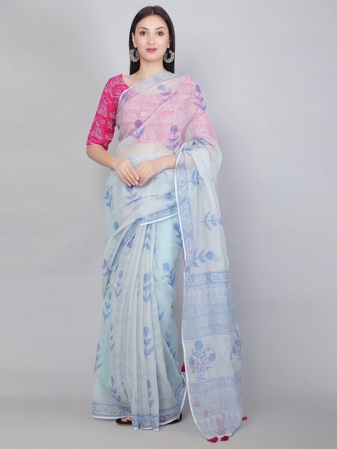 

PALASH Hand Block Printed Pure Cotton Kota Saree, Blue