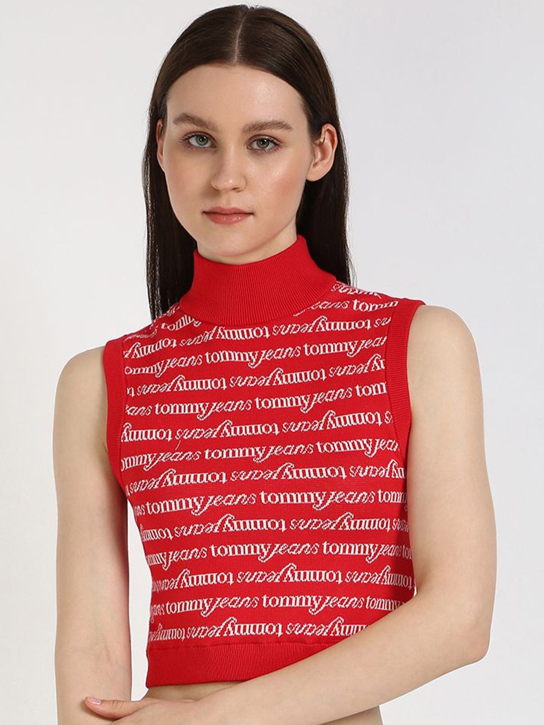 

Tommy Hilfiger Women Typography Printed Cotton Fitted Crop Top, Red