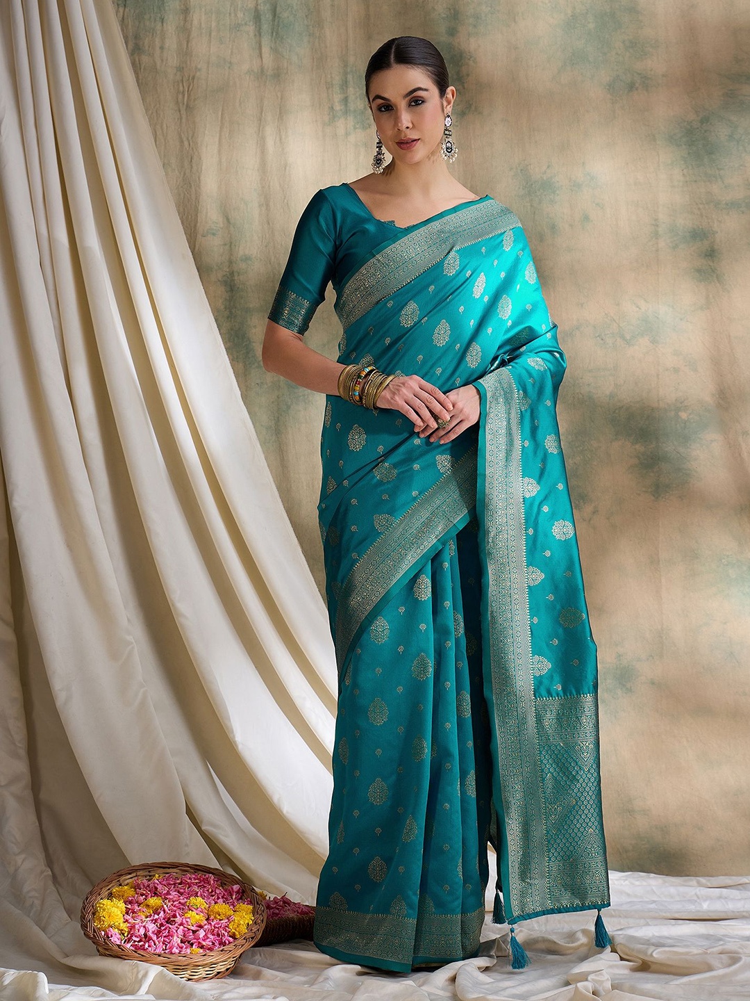 

MANVAA Woven Design Zari Silk Blend Banarasi Saree, Blue