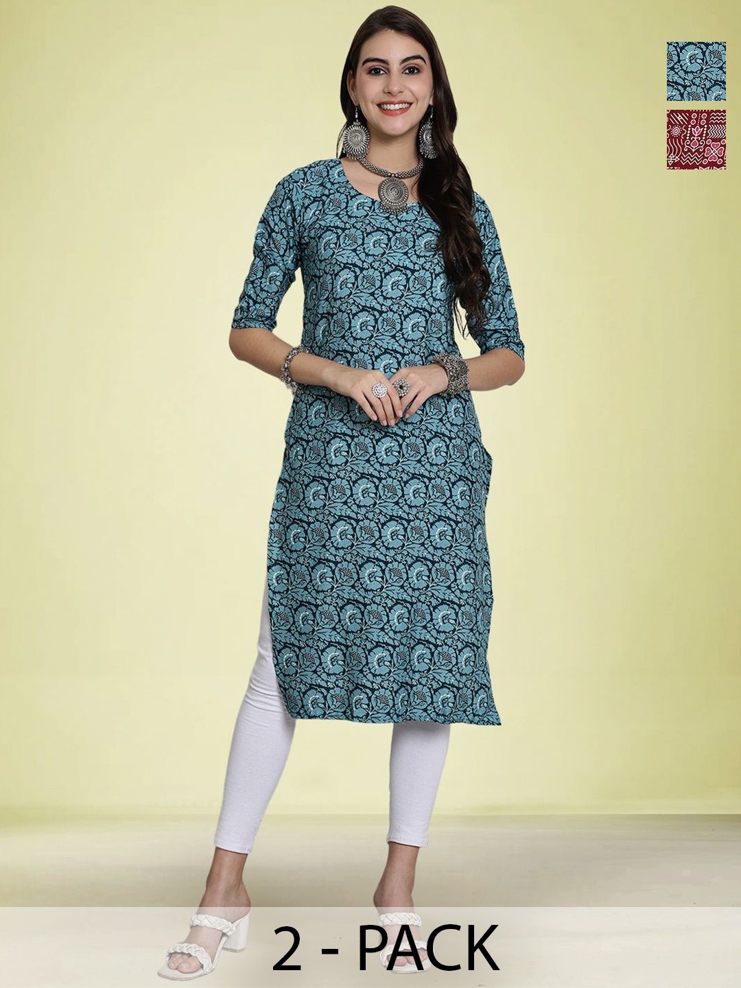 

Moda Rapido Selection Of 2 Geometric Printed Round Neck Straight Kurtas, Blue