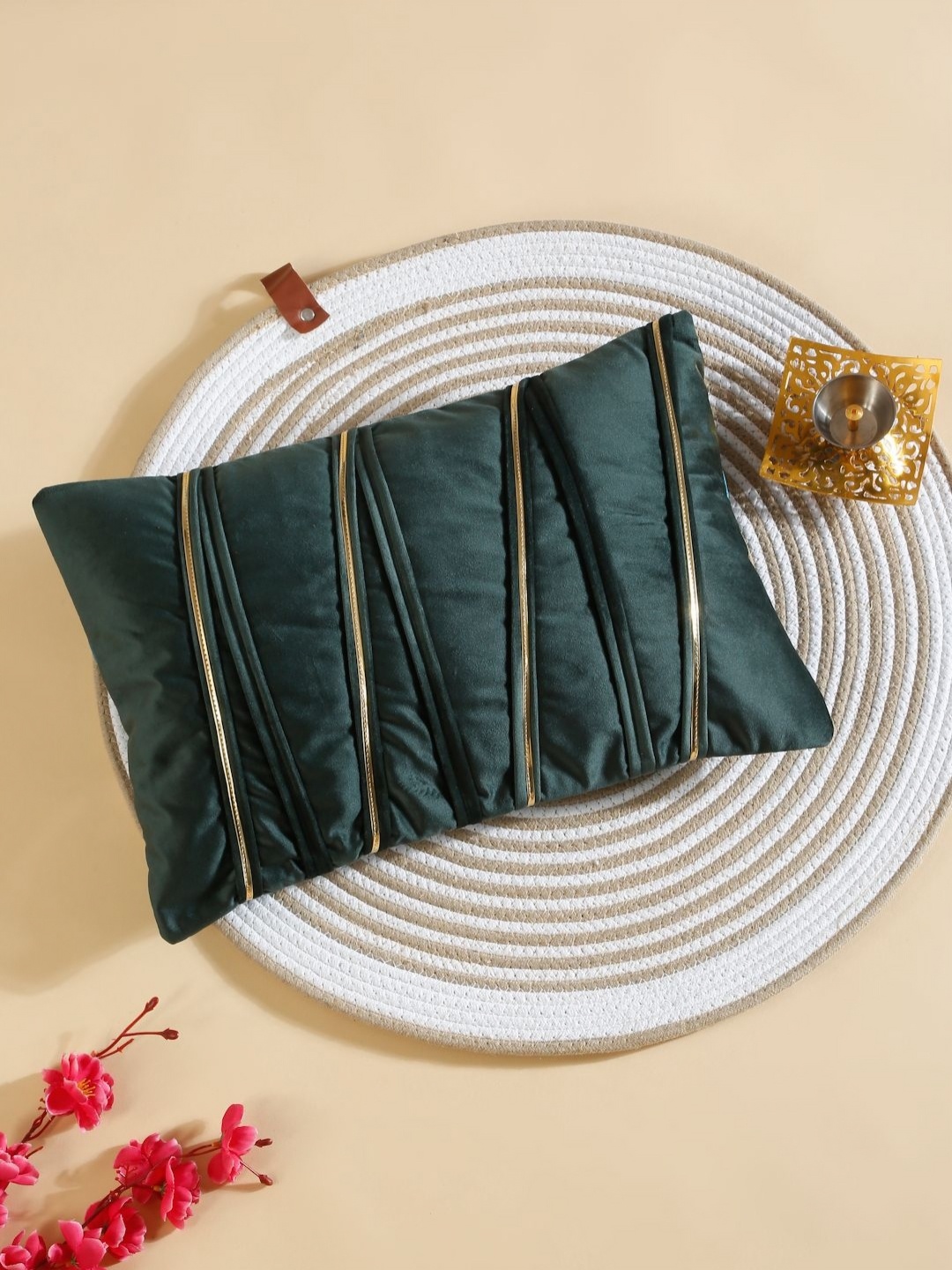 

HOSTA HOMES Green Patch Striped Velvet Rectangle Cushion Covers