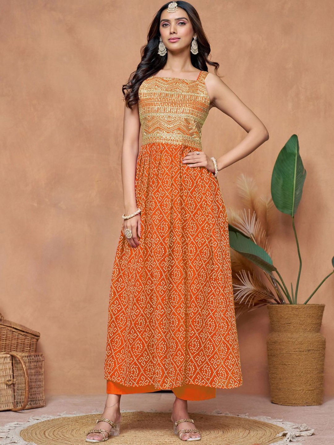 

KALINI Bandhani Printed And Embroidered Zari Work Square Neck Georgette Anarkali Kurta, Orange