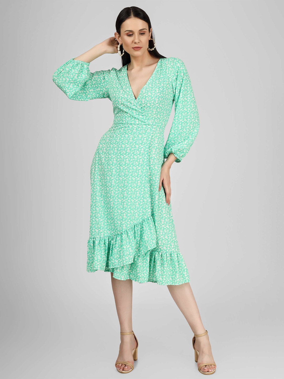 

MISS HAUTE Print Puff Sleeve Crepe Midi Dress, Green