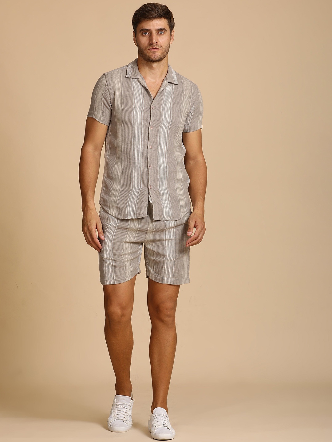 

POE Illiana Dobby Striped Pure Cotton Shirt With Shorts Co-Ords, Brown