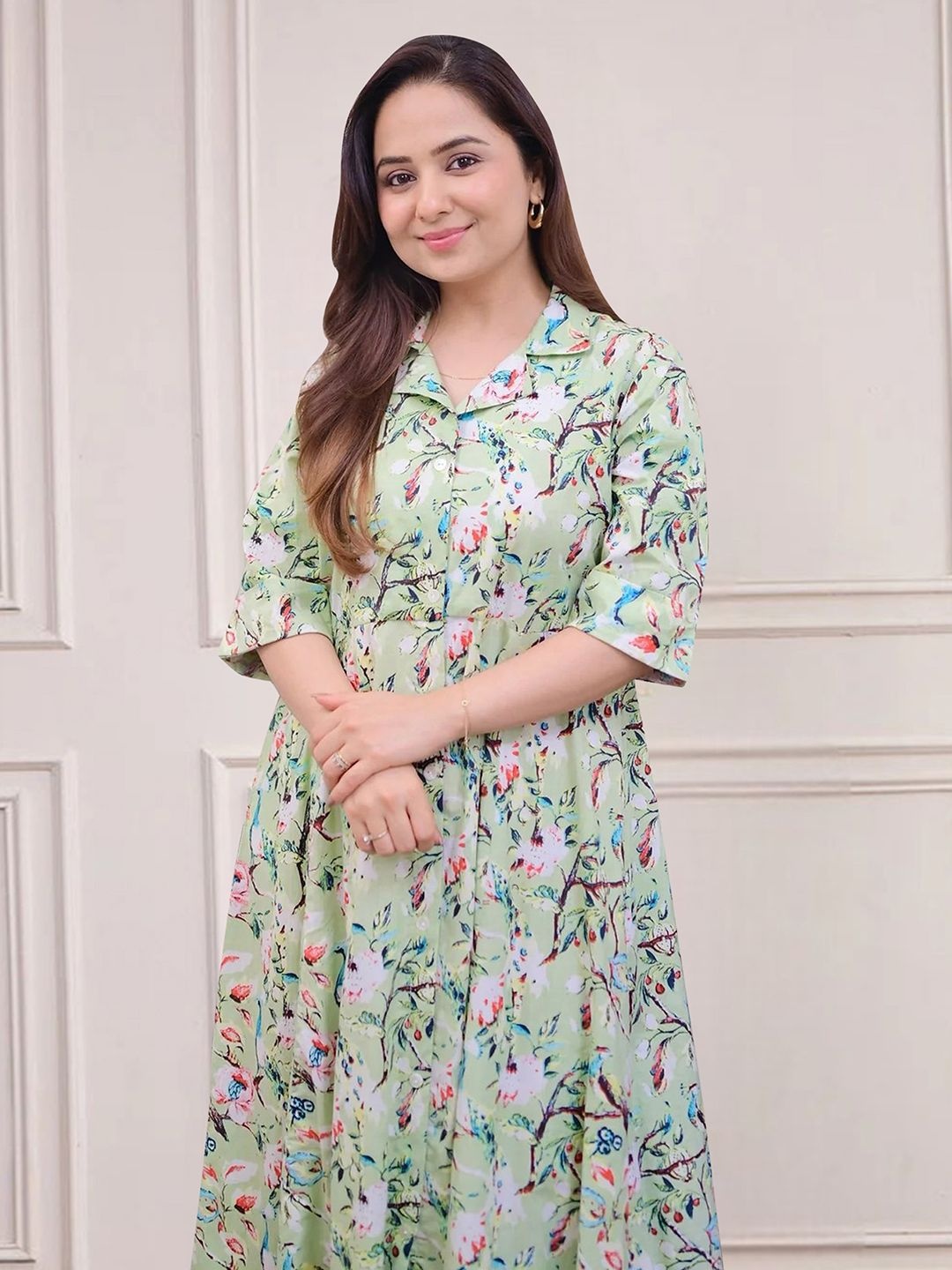 

MISS AYSE Women Shirt Collar Cotton Fit & Flare Midi Dress, Green