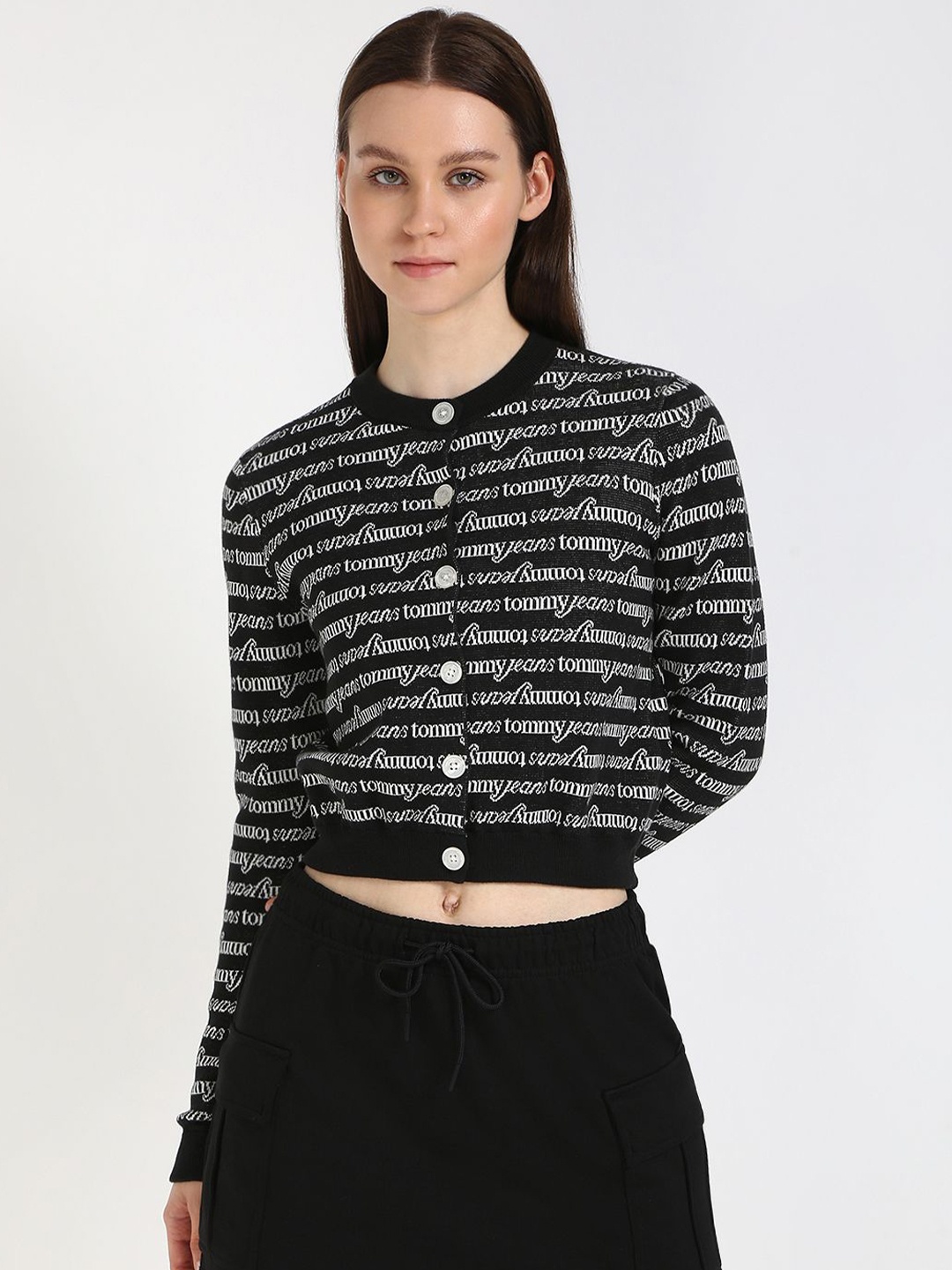

Tommy Hilfiger Women Typography Printed Crop Cardigan, Black