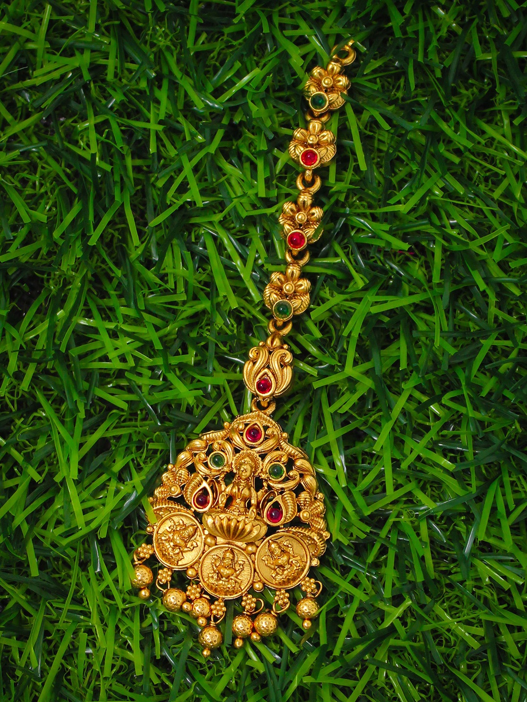 

NAGNESHI ART Gold-Plated Artificial Stones Studded & Beaded Lakshmi Design Maang Tikka