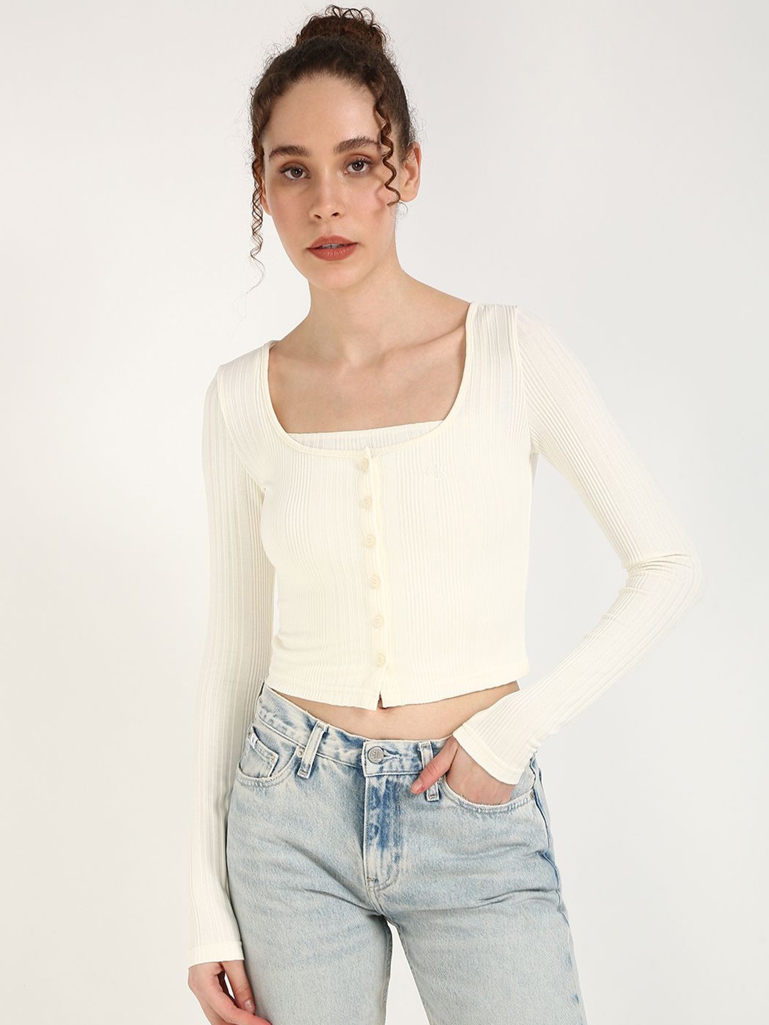 

Calvin Klein Jeans Ribbed Fitted Crop Top, White