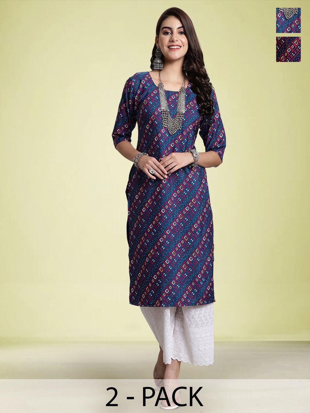 

Moda Rapido Selection Of 2 Geometric Printed Round Neck Straight Kurtas, Blue