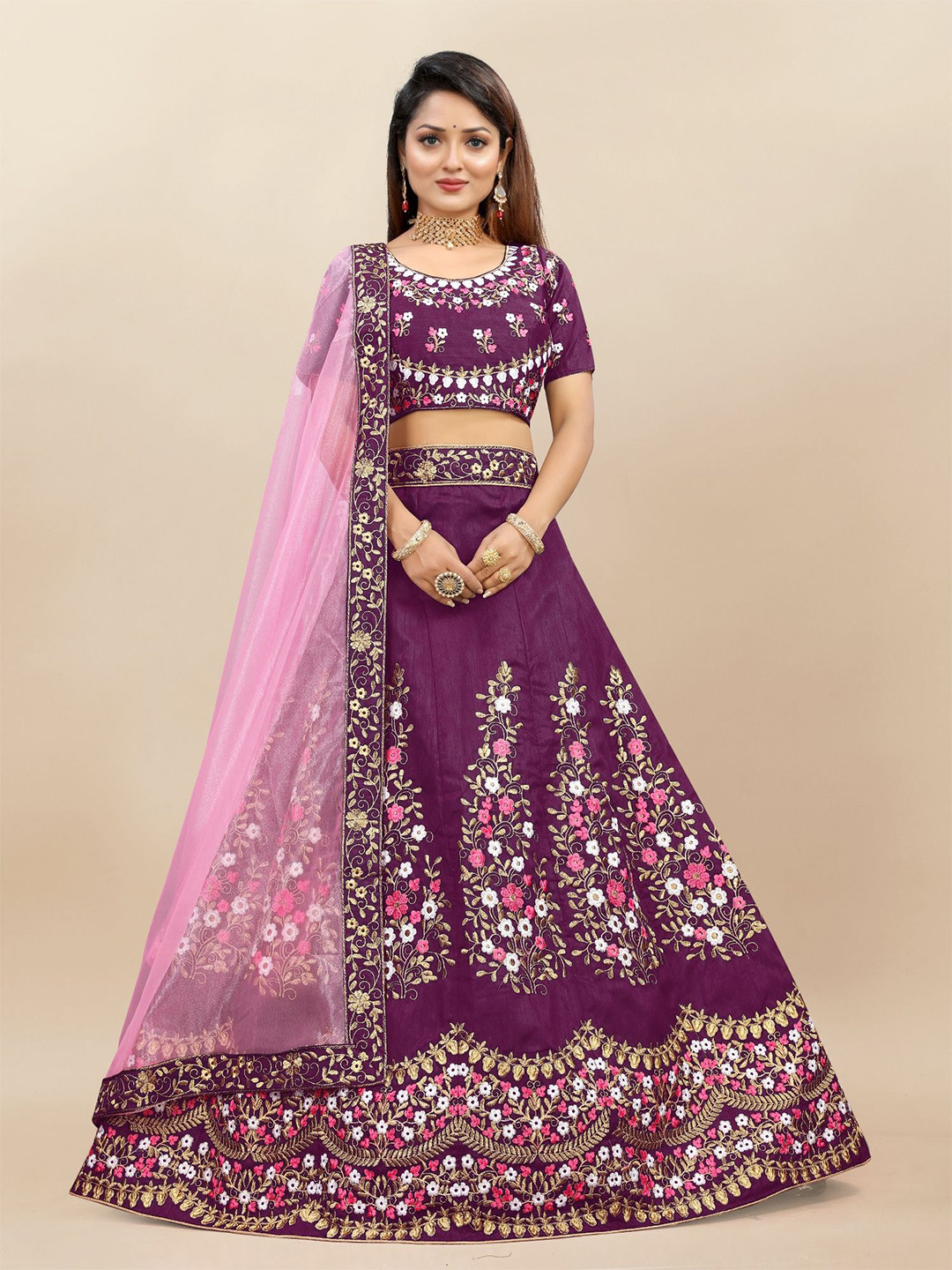 

A TO Z CART Embroidered Thread Work Semi-Stitched Lehenga & Unstitched Blouse With Dupatta, Purple