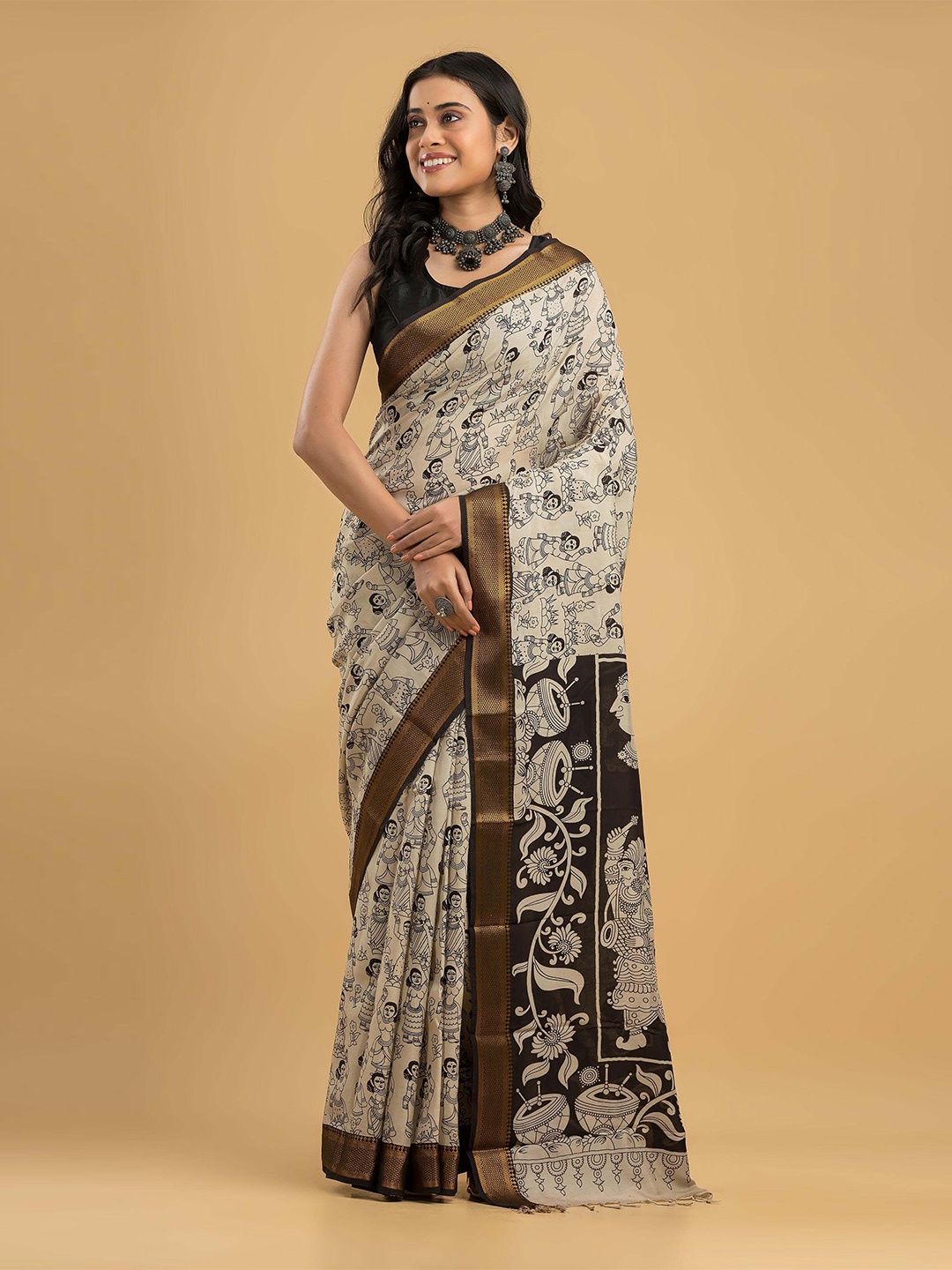 

Dheu Women Kalamkari Zari Block Print Saree, Beige