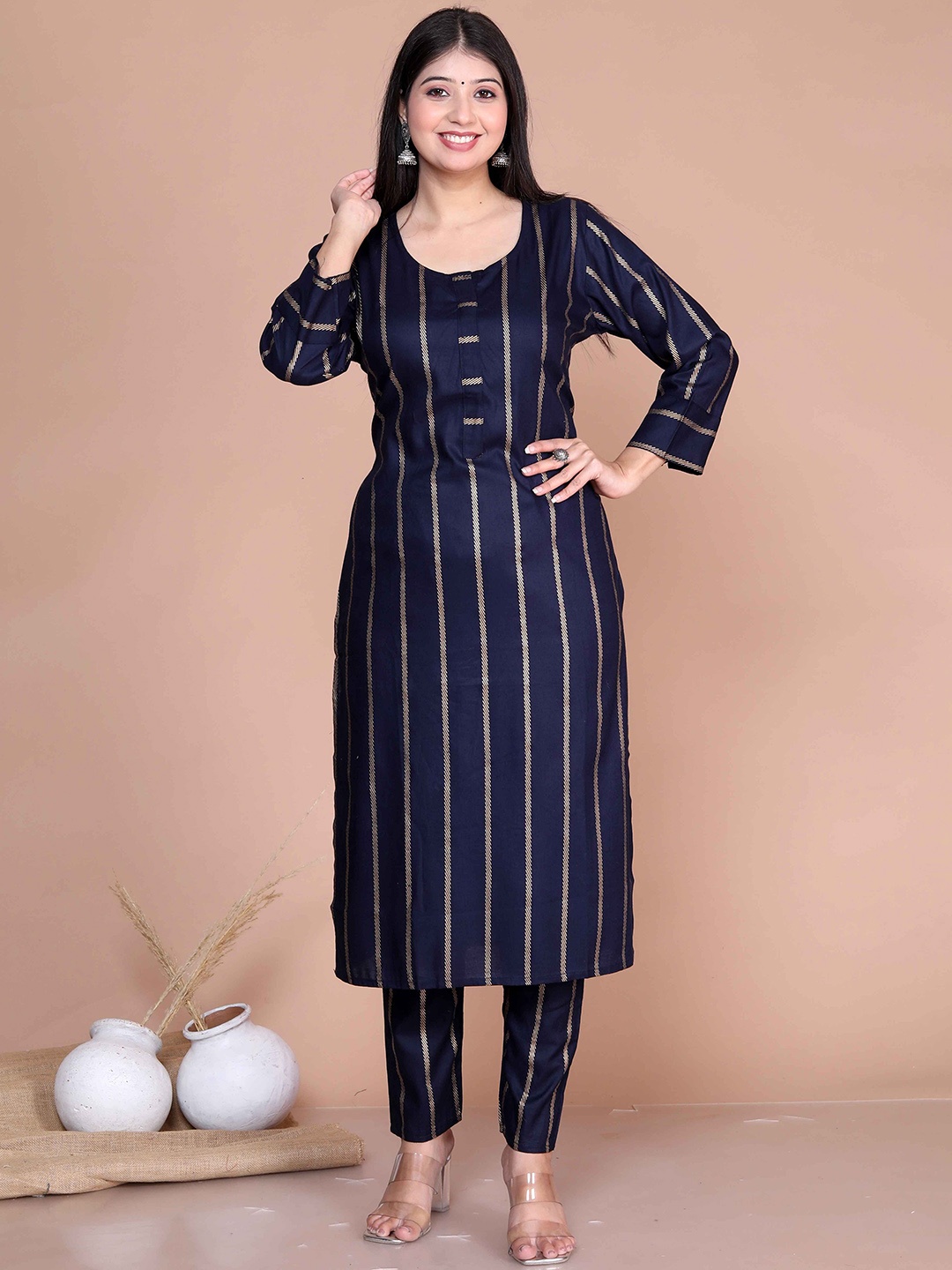 

Doriyaan Women Striped Regular Kurta with Palazzos, Navy blue