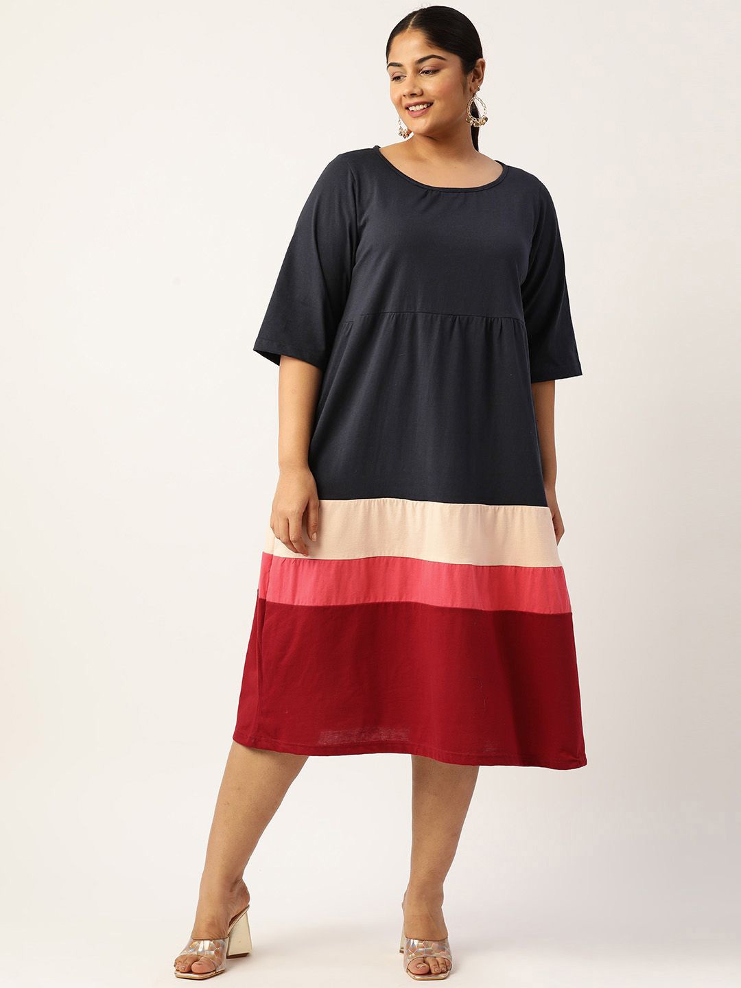 

theRebelinme Plus Size Colourblocked Tiered Pure Cotton A-Line Midi Dress, Navy blue