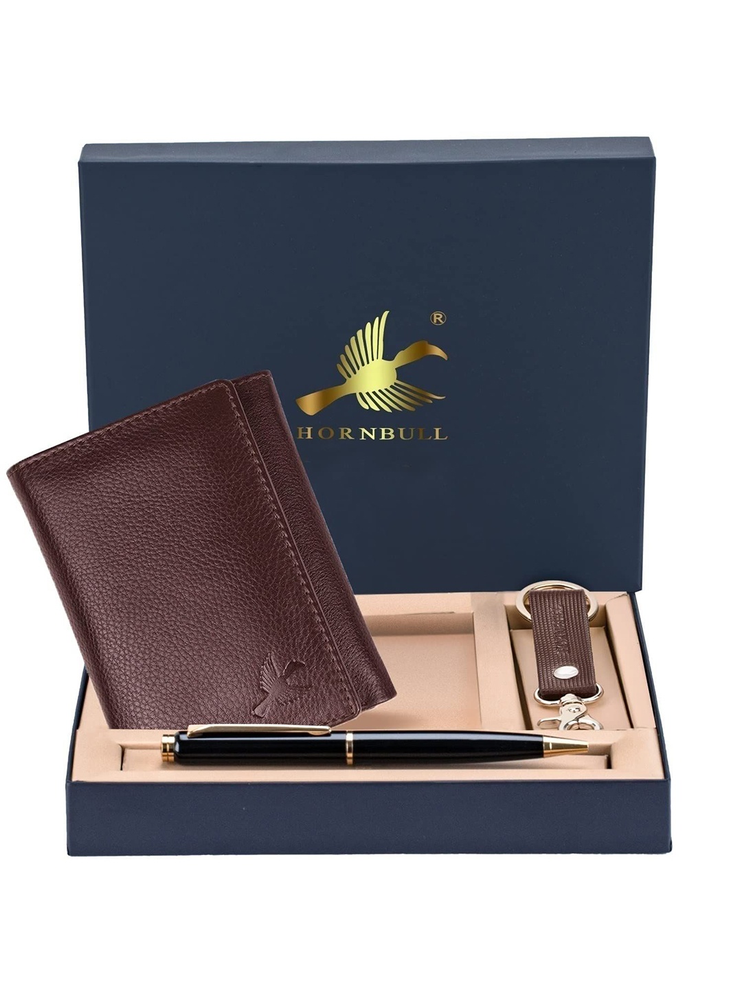 

Hornbull Men Trifold Brown Leather Wallet, Keyring & Pen Combo Accessory Gift Set