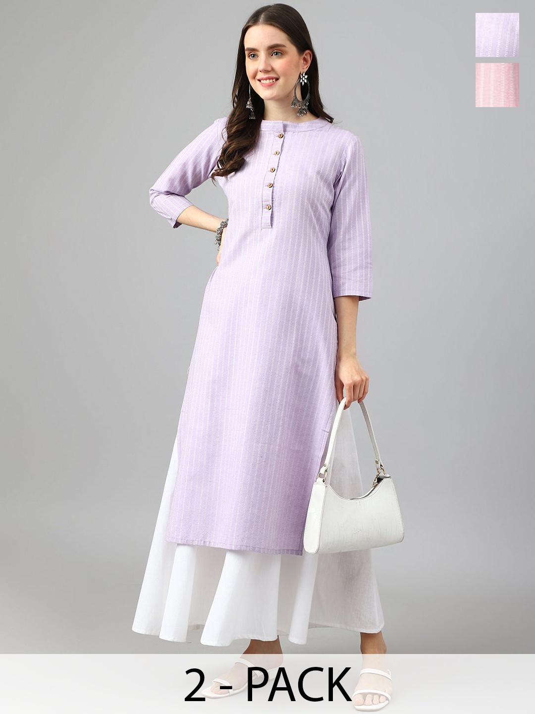 

KALINI Selection Of 2 Striped Mandarin Collar Straight Kurtas, Lavender