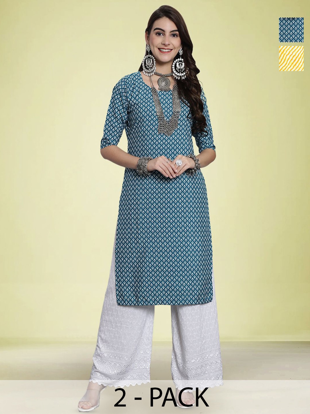 

Moda Rapido Slection Of 2 Ethnic Motifs Printed Round Neck Straight Kurtas, Yellow