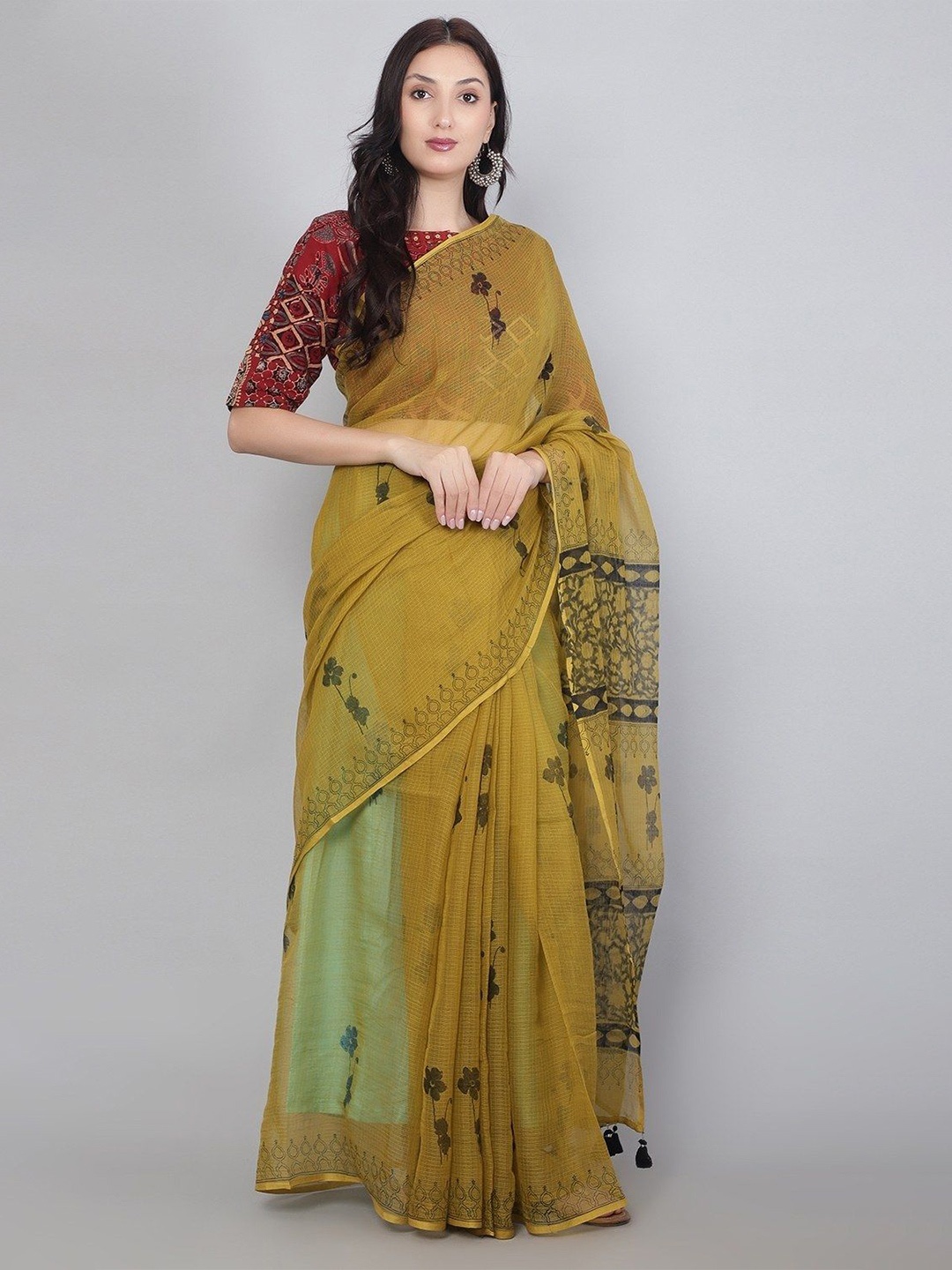 

PALASH Floral Printed Pure Cotton Kota Saree, Green