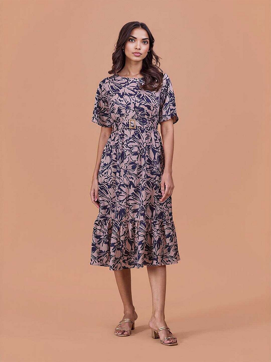 

DressBerry Floral Printed Boat Neck A-Line Midi Dress Comes with a belt, Navy blue