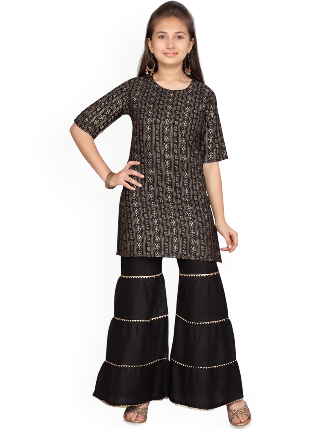 

BAESD Girls Ethnic Motifs Printed Round Neck Pure Cotton Kurta With Sharara, Black