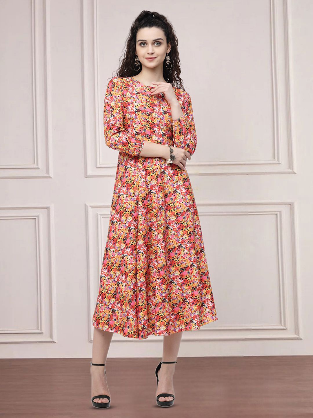 

MISS AYSE Floral Printed Cotton Fit & Flare Midi Dress, Pink