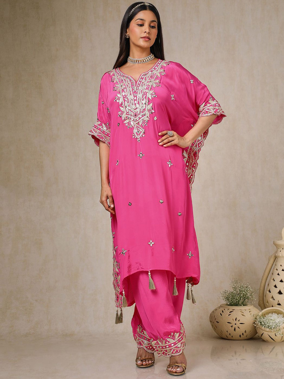 

Soch Women Ethnic Motifs Embroidered Regular Gotta Patti Kurta with Palazzos, Pink