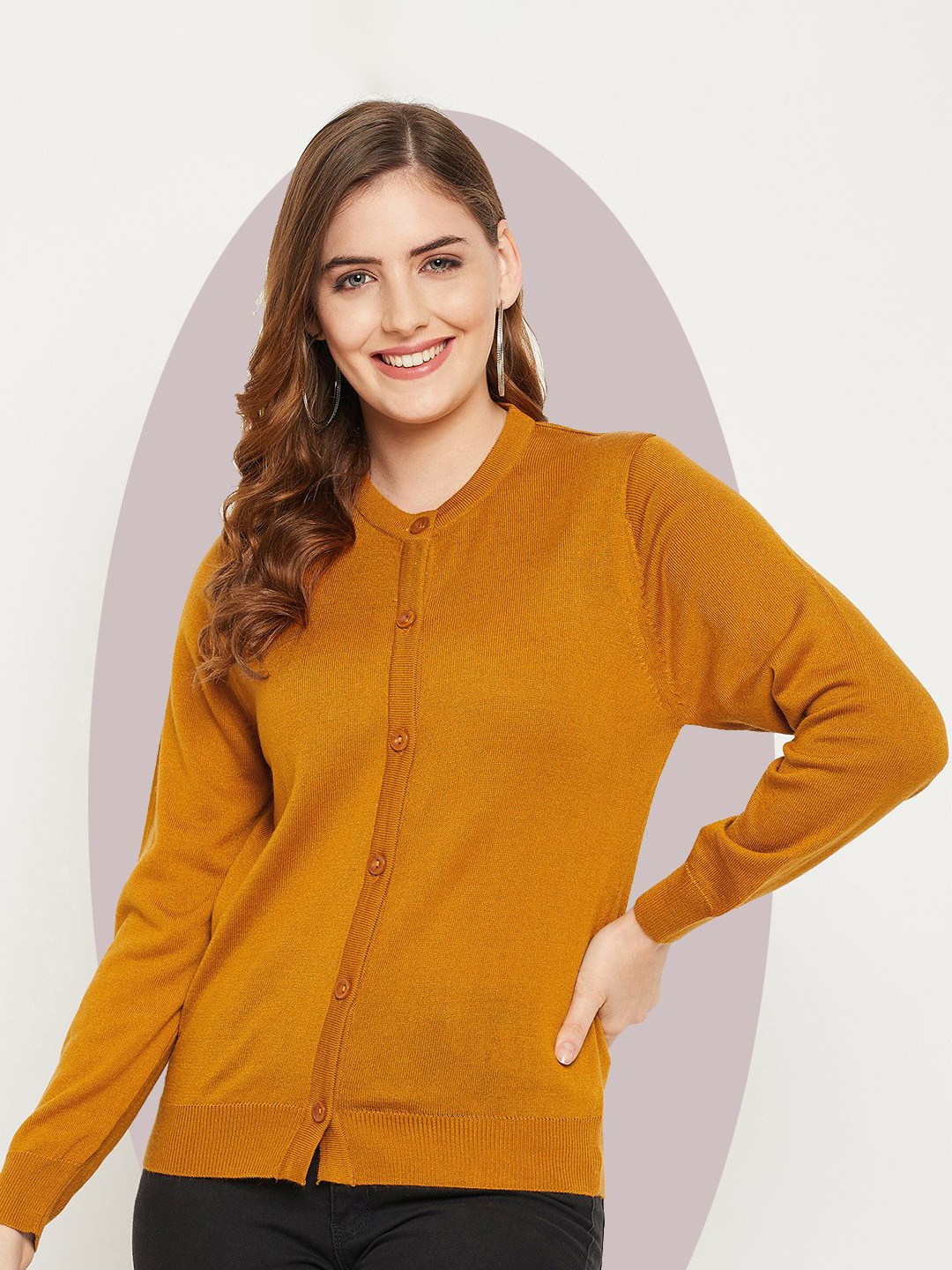 

Zigo Women Woollen Crop Cardigan, Mustard