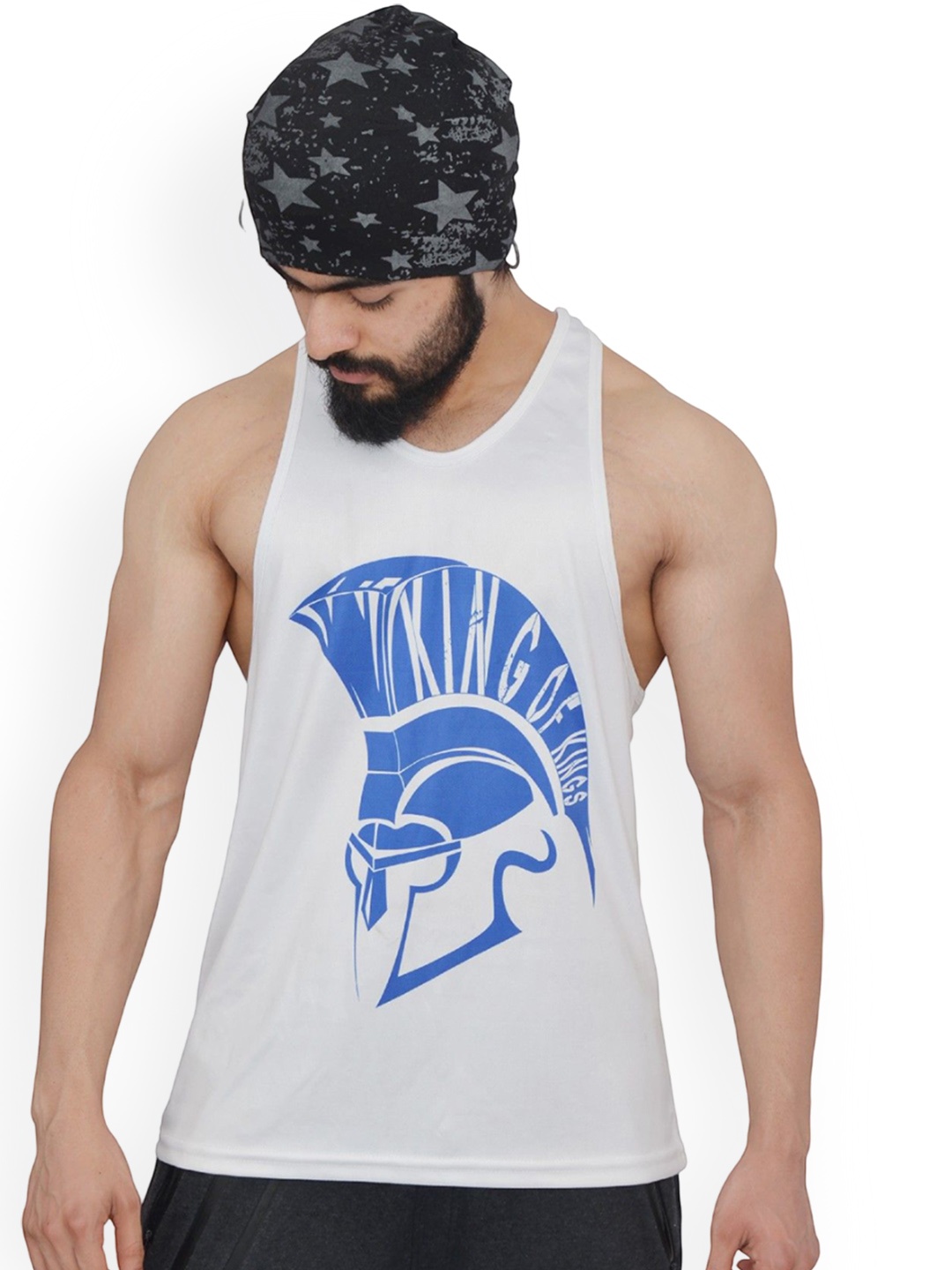 

Anax Aesthetics Men Polyester Dri-Fit Printed Sleeveless Sando Gym Vest Stringer Tank Top, White