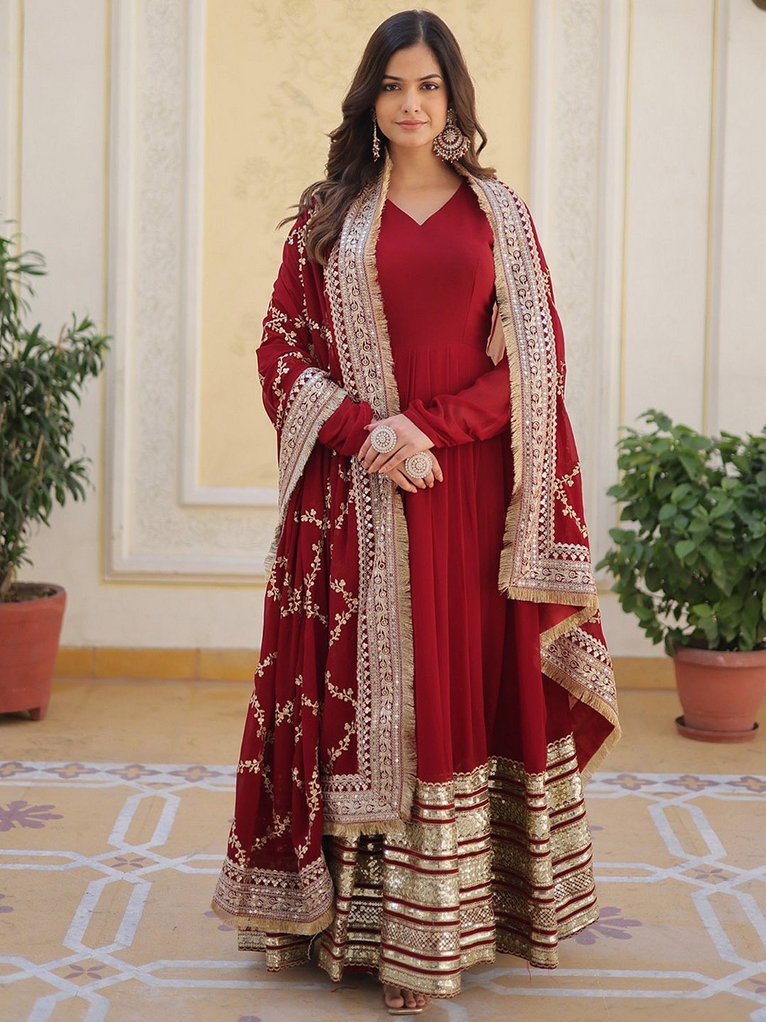 

ZEEPKART Embroidered Angrakha Kurta With Trousers & Dupatta, Maroon