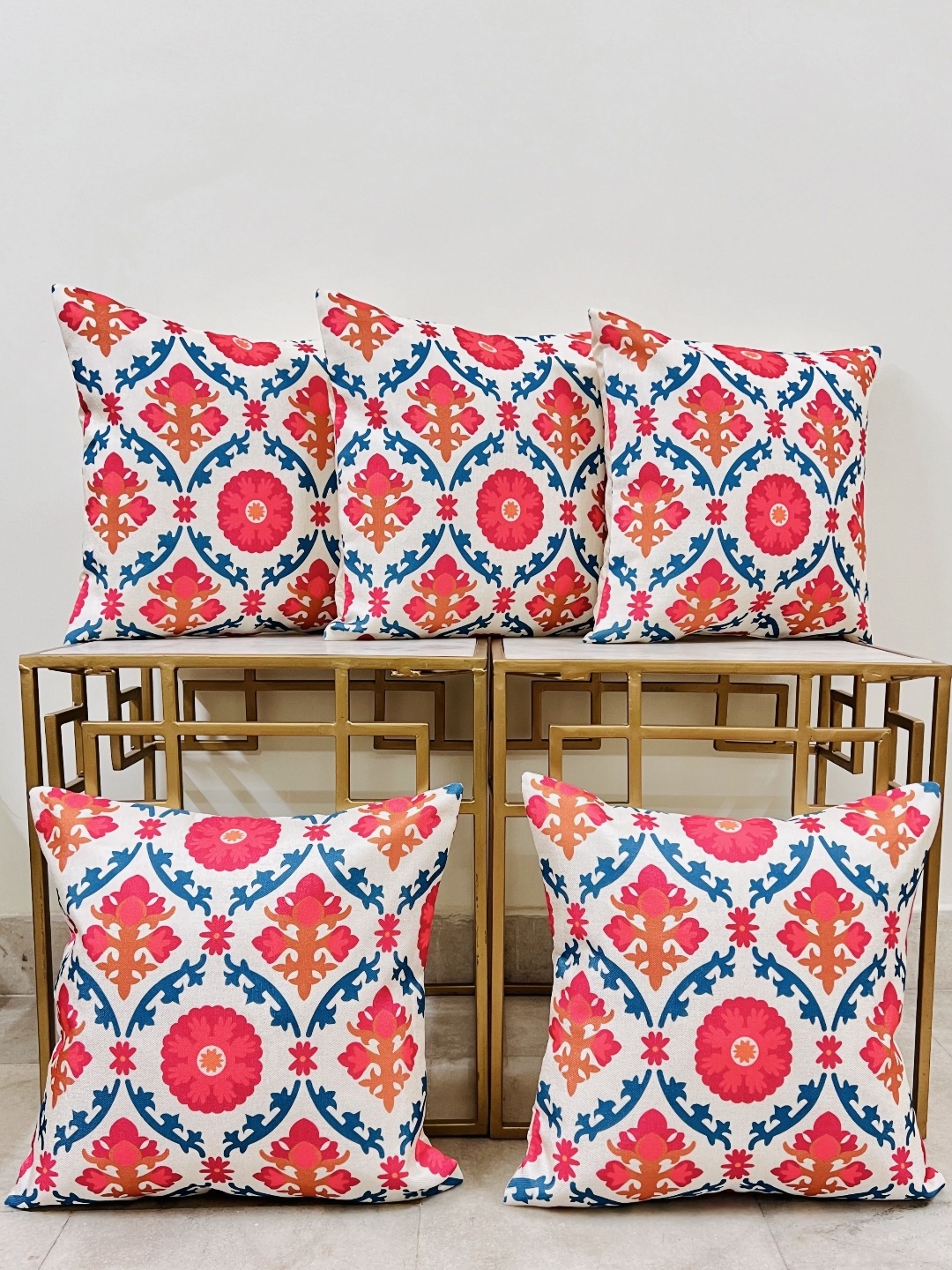 

DIHIKA Pink & White 5 Pieces Self Design Jute Silk Square Pillow Covers