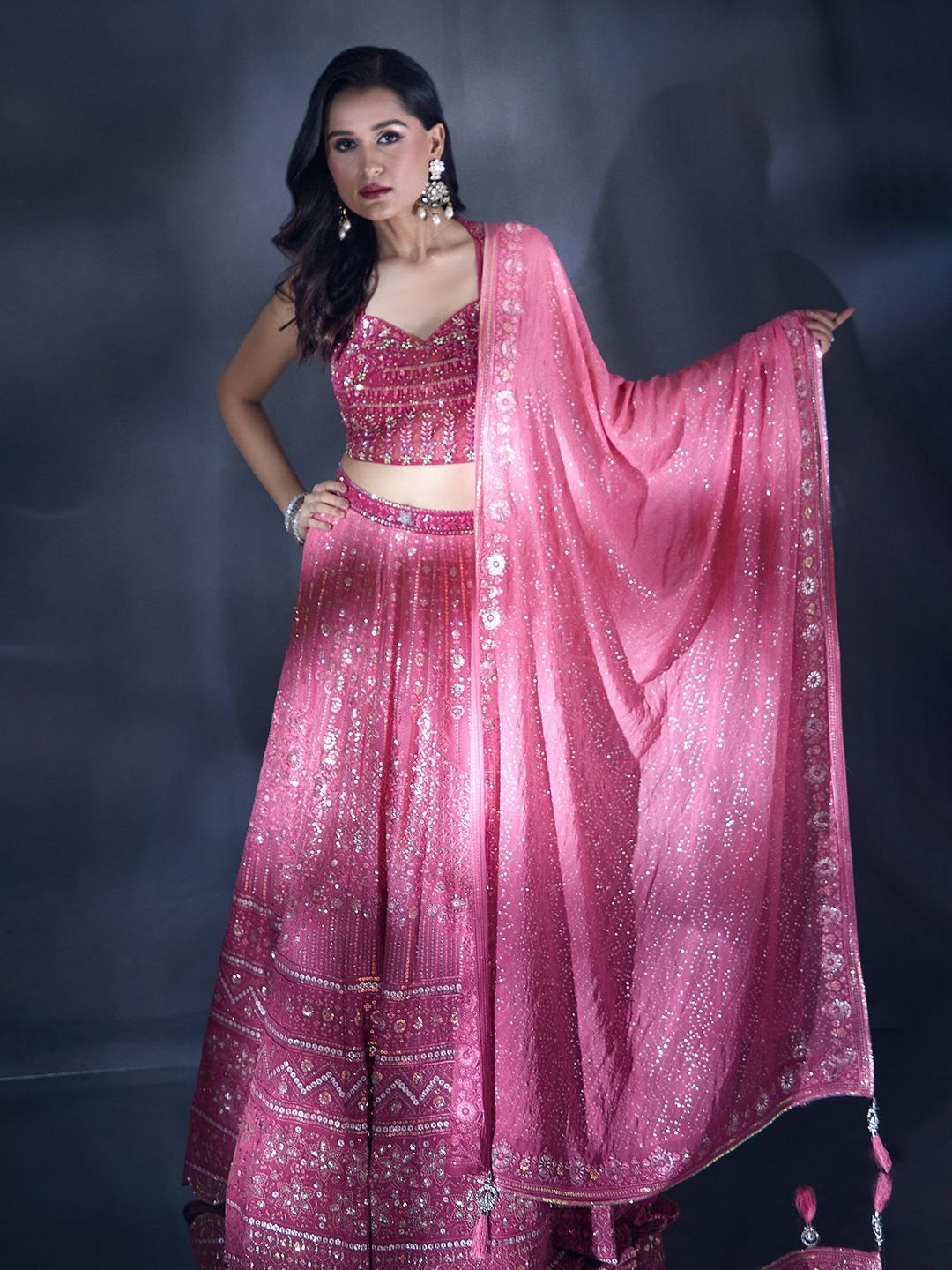 

Alaya Advani Embroidered Beads and Stones Ready to Wear Lehenga & Blouse With Dupatta, Pink