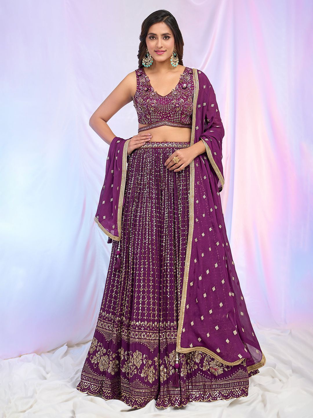 

Alaya Advani Embroidered Beads and Stones Ready to Wear Lehenga & Blouse With Dupatta, Purple