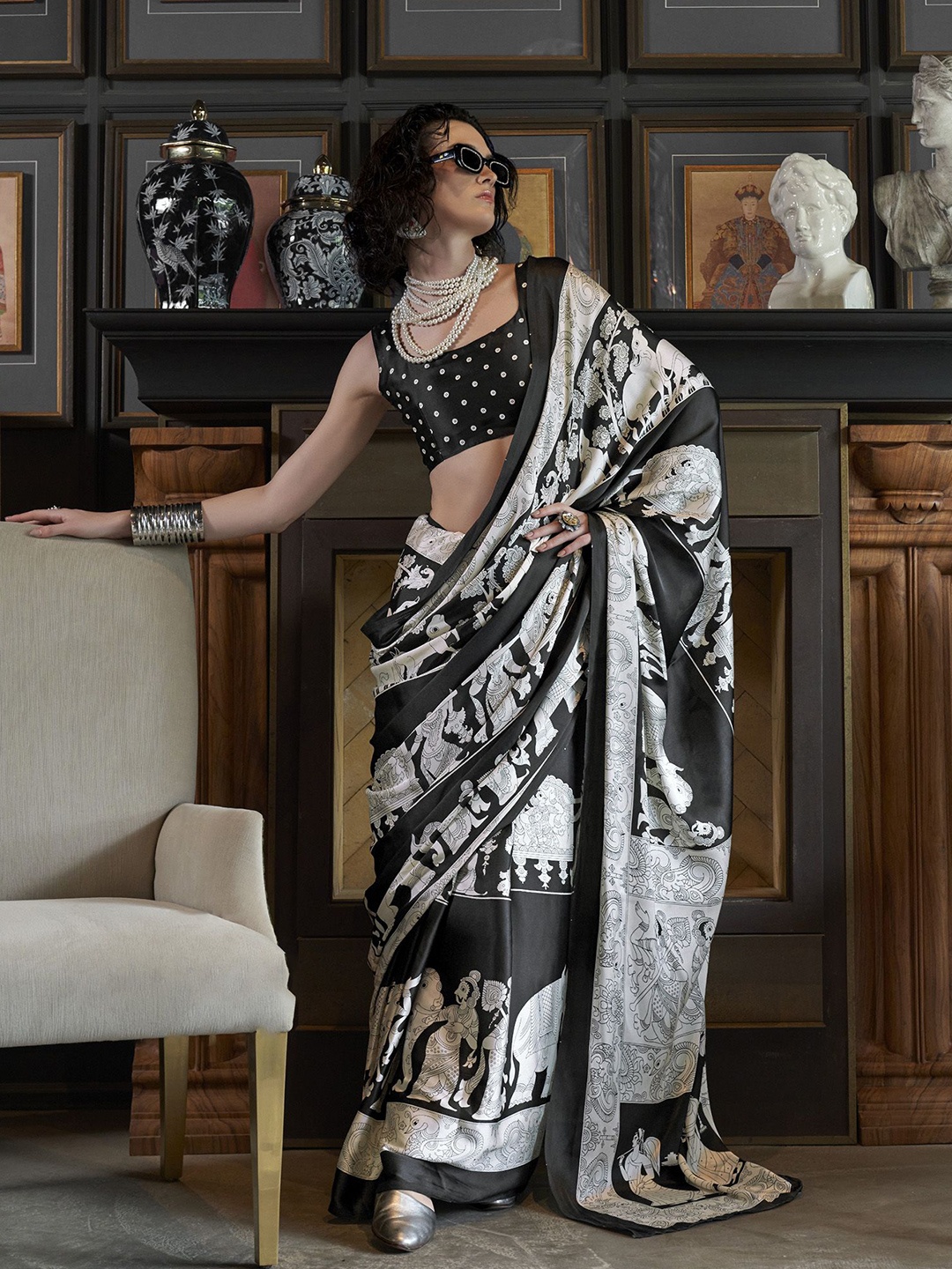 

elora Kalamkari Satin Saree, Off white