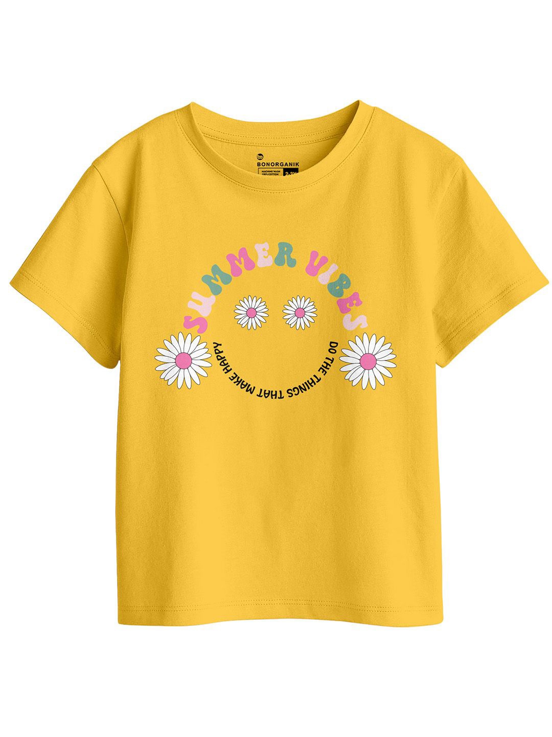 

BonOrganik Girls Printed Pure Cotton Applique T-shirt, Yellow