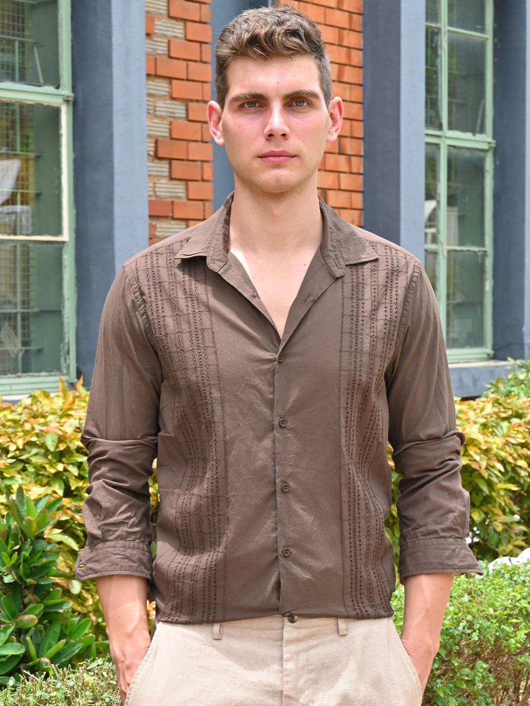 

Amin - Crotchet Striped Shirt - Brown
