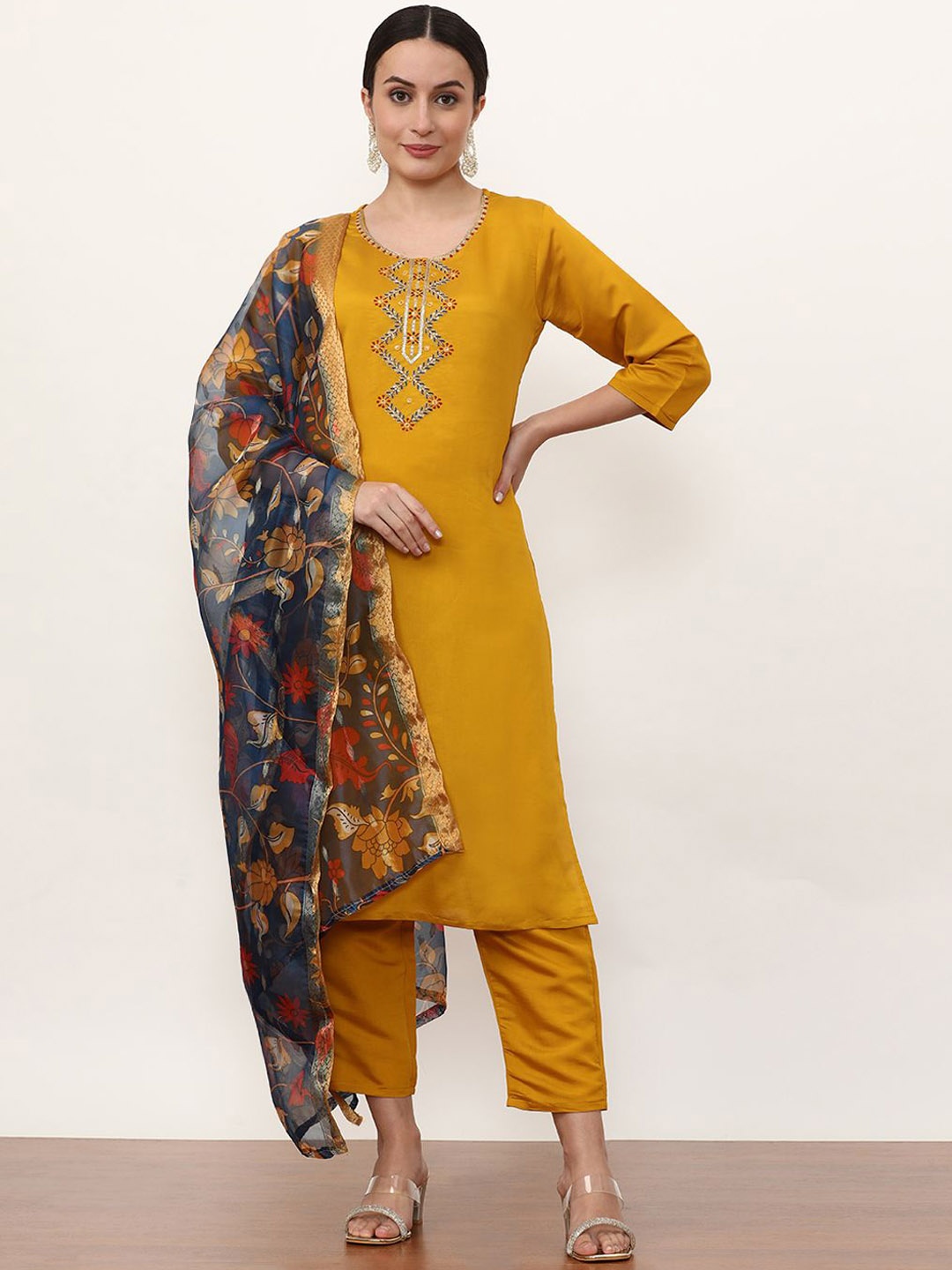 

Jaipur Kurti Women Floral Embroidered Regular Thread Work Kurta with Trousers & With Dupatta, Yellow