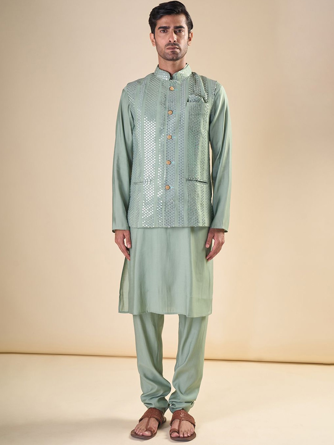 

Aryavir Malhotra Embellished Nehru Jackets, Green